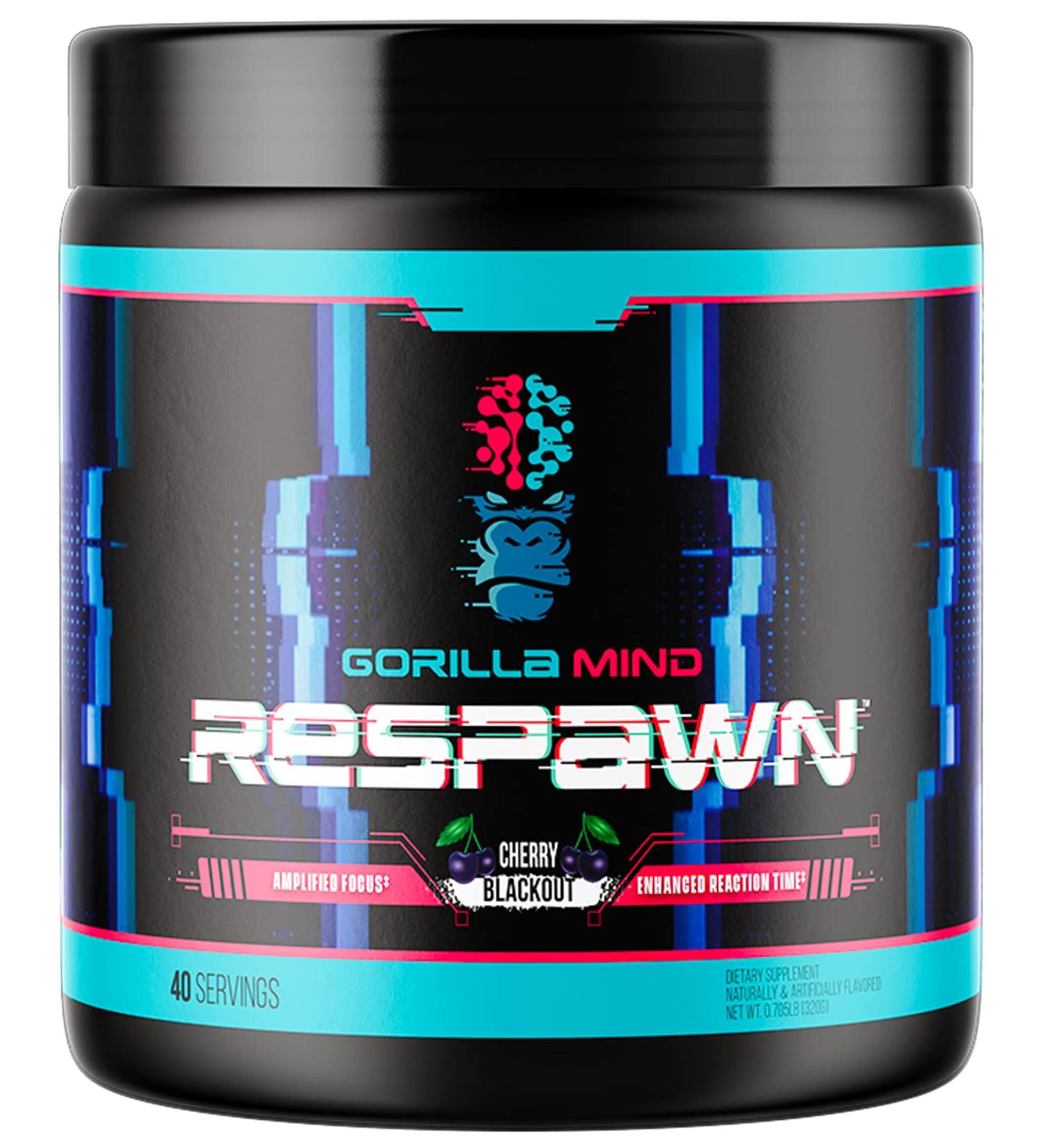 Gorilla Mind Respawn Cherry Blackout - Advanced Gaming Supplement for Focus Reaction Time & Clean Energy | 40 Servings | International Shipping Available - Buy Online on GoSupps.com
