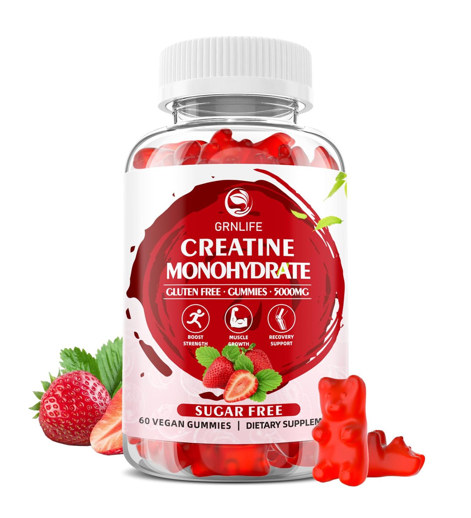 Buy Sugar-Free Creatine Monohydrate Gummies - Vegan Muscle Builder & Energy Boost - 60 Count Strawberry Chewables for Men & Women - Buy Online on GoSupps.com