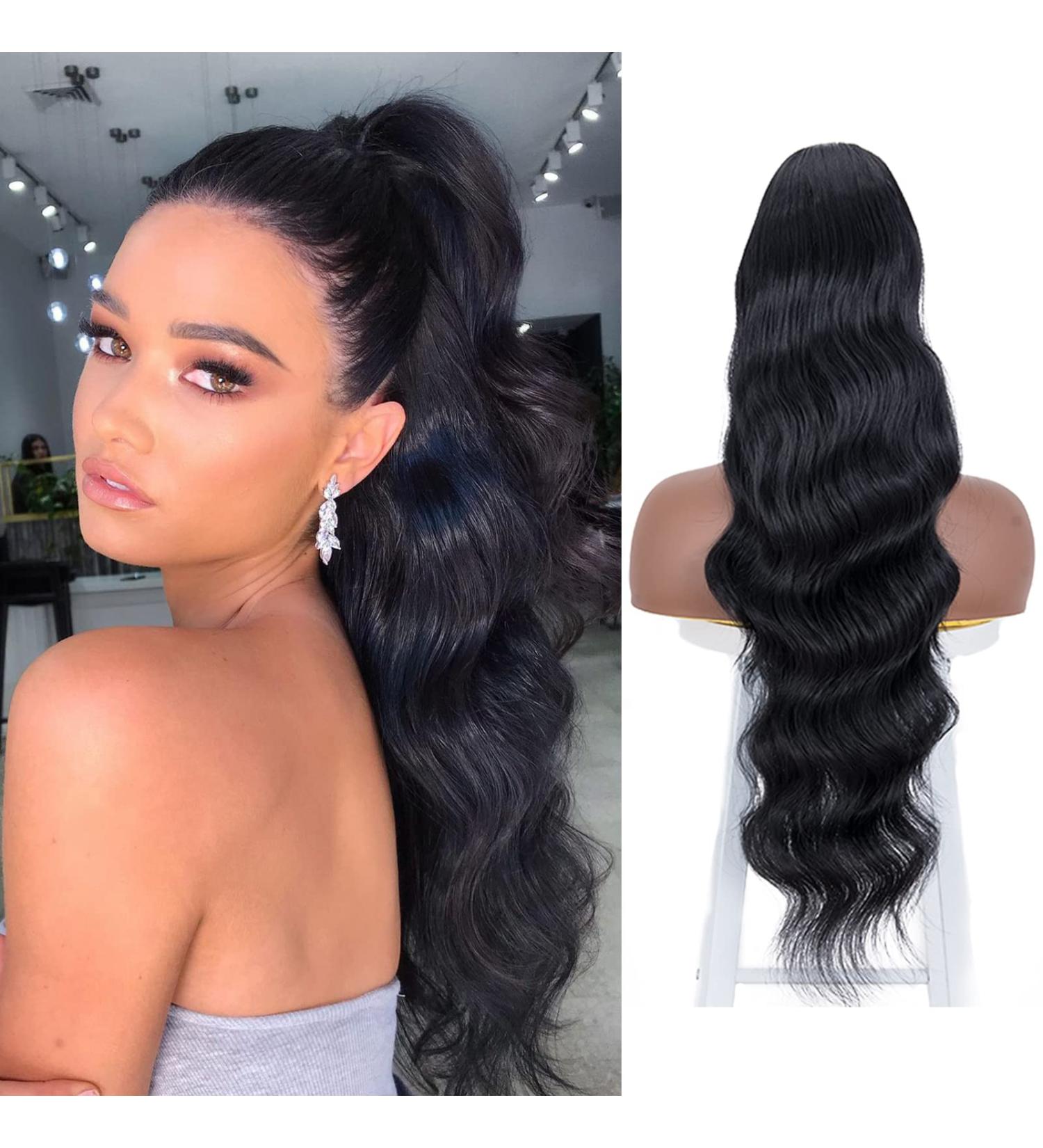 24 Inch Long Wavy Black Drawstring Ponytail Extension | Synthetic Heat Resistant Hairpiece for Women in 1B - Buy Online on GoSupps.com
