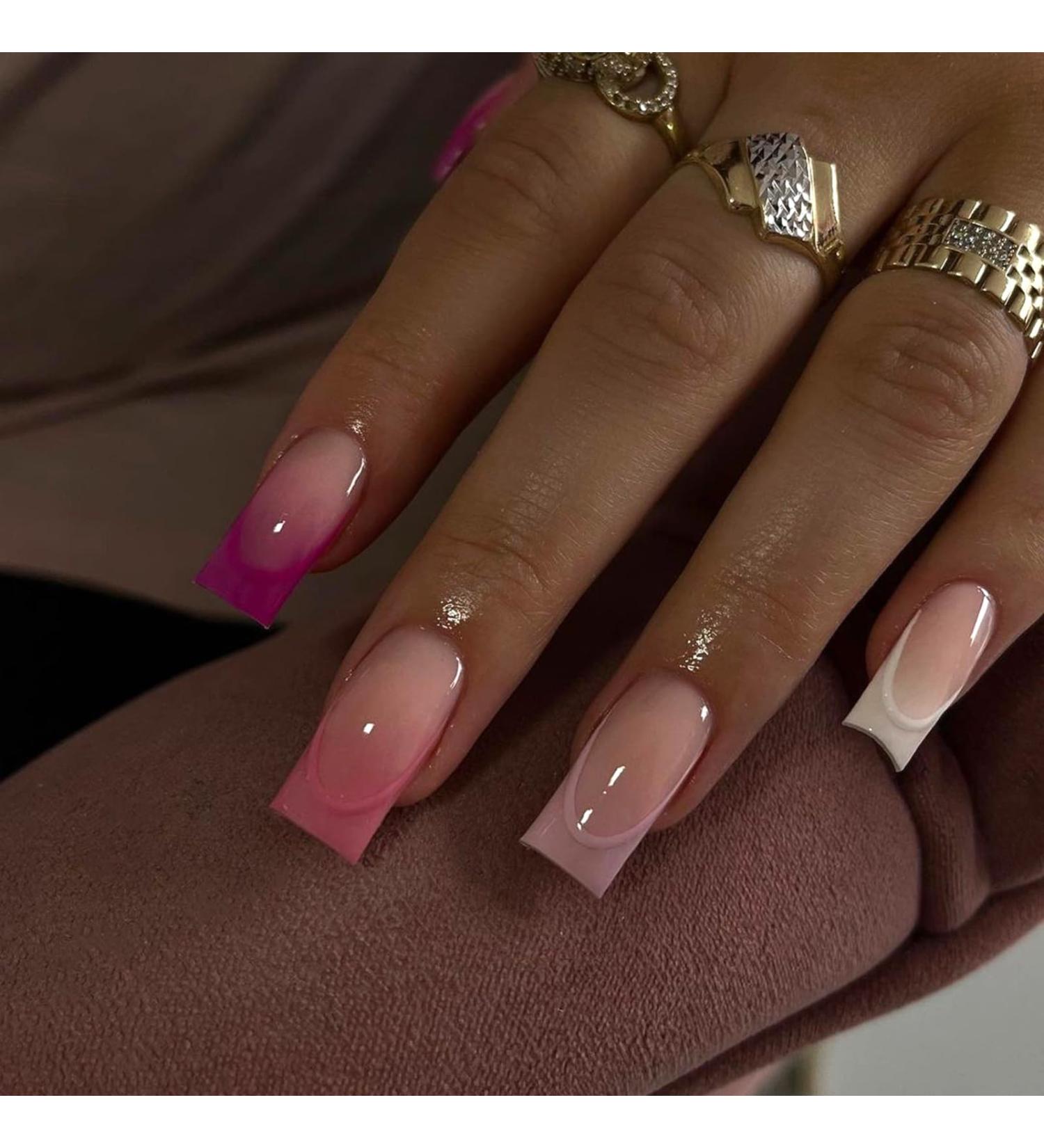 FEIlei 24Pcs Long Press on Nails Coffin French Fake Nails Tip Gradient Acrylic Nails Glossy False Nails for Women Girls - Buy Online on GoSupps.com