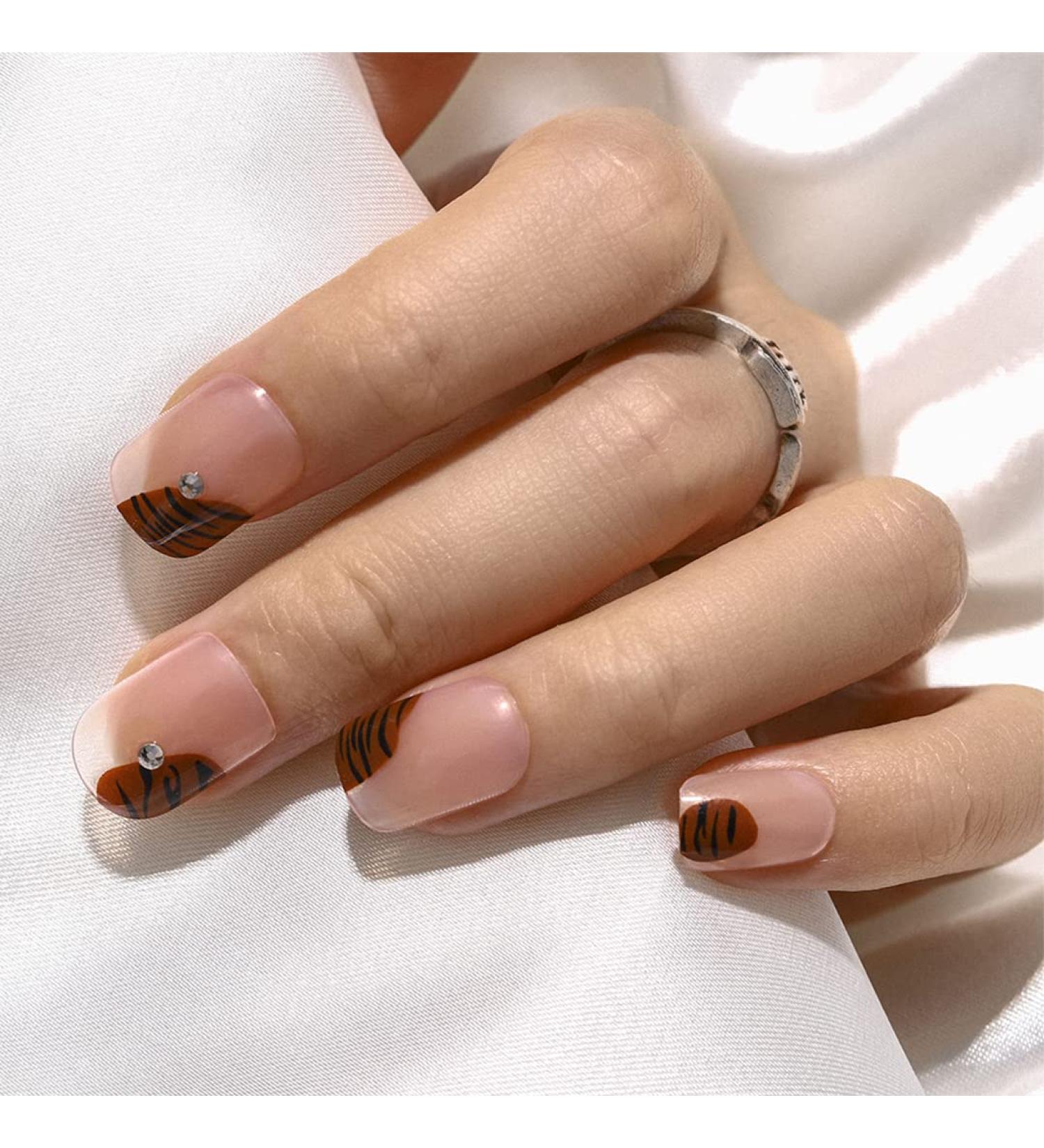 Sethexy Bling False Nails - Strass Tiger Stripe Pink Square Acrylic Nails (24 pcs) for Women & Girls | Trendy Short Fingernails - Buy Online on GoSupps.com