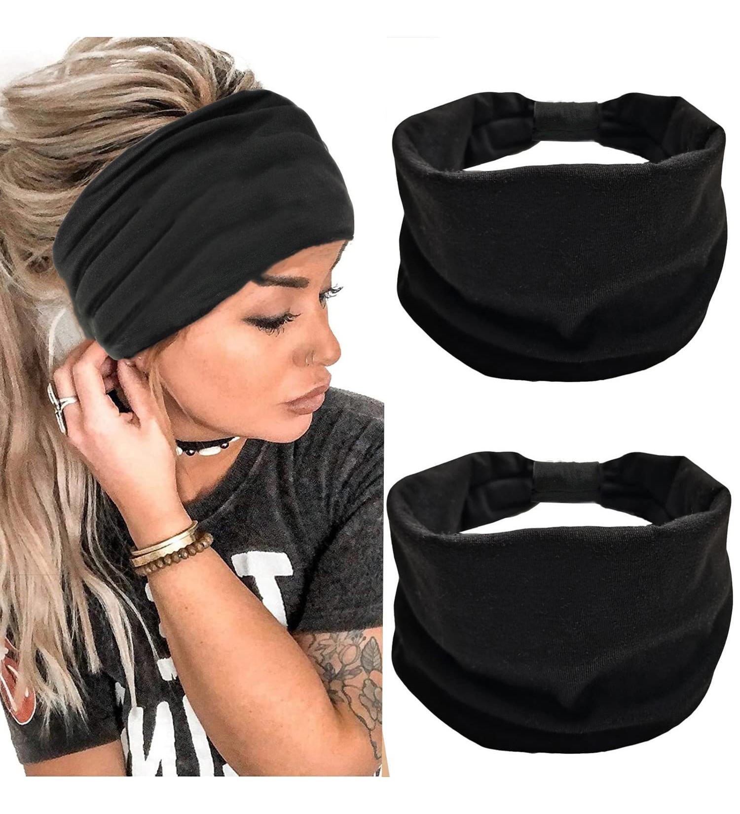 Hjiaruiky Wide Headbands for Women - Boho Black Workout and Yoga Headbands - Stretchy Cloth Bandana for Fashionable Hair - Set of 2 Black Headbands - Buy Online on GoSupps.com