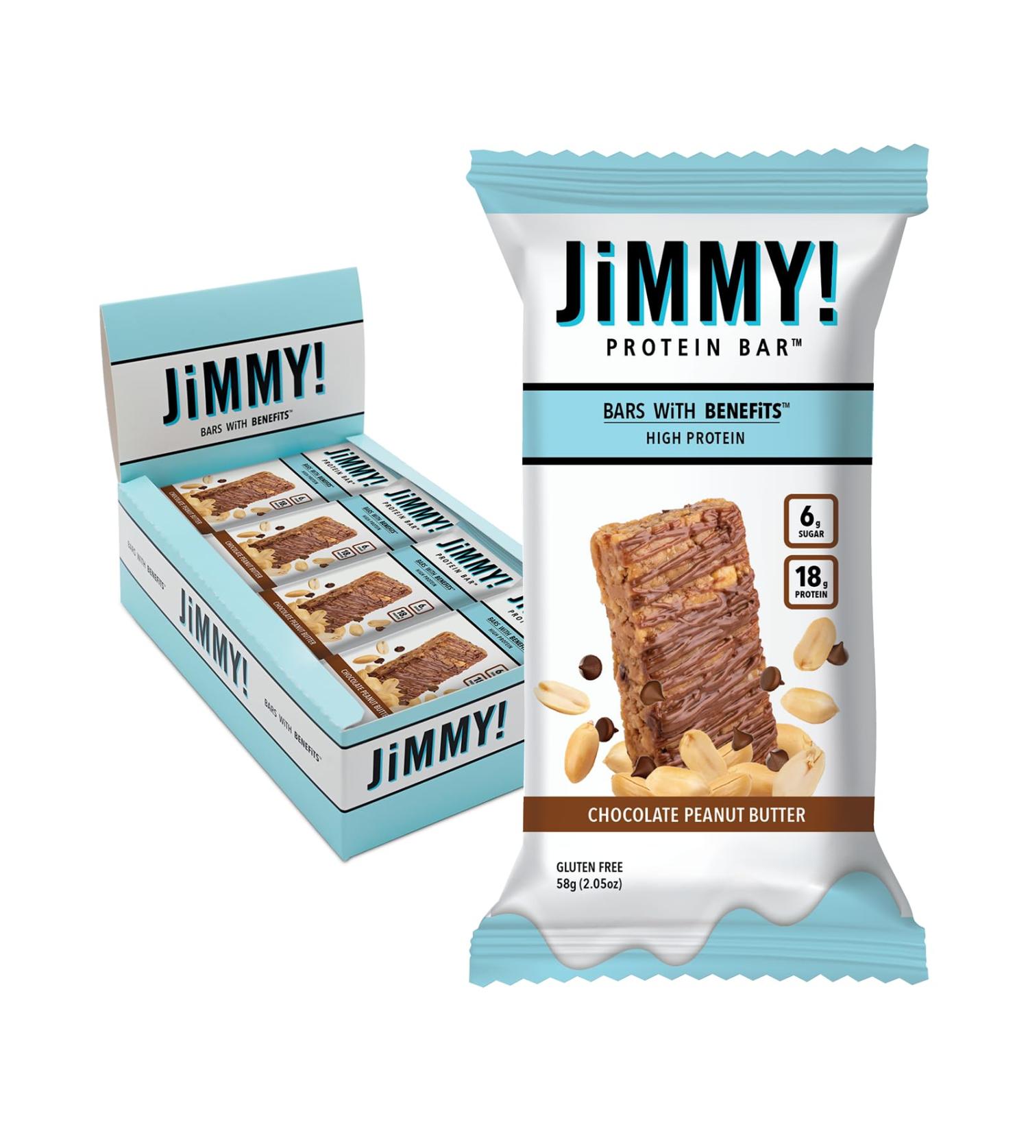 JiMMYBAR! Chocolate Peanut Butter Protein Bars 18g Protein Bar 6g Low Sugar - 12 Count - 58g Health Bars - Functional Snack with Real Peanuts & Hand-Drizzled Chocolate - Buy Online on GoSupps.com