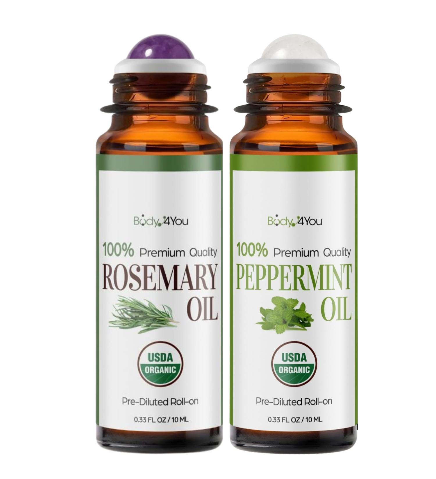 BodyJ4You Rosemary + Peppermint Essential Oil Roll On Duo - Pure 100% USDA Organic MCT Coconut Oil - Amethyst and Clear Quartz Stone Rollers - Scalp Care Focus Cooling Temples Neck Roots - Amber Glass - Buy Online on GoSupps.com