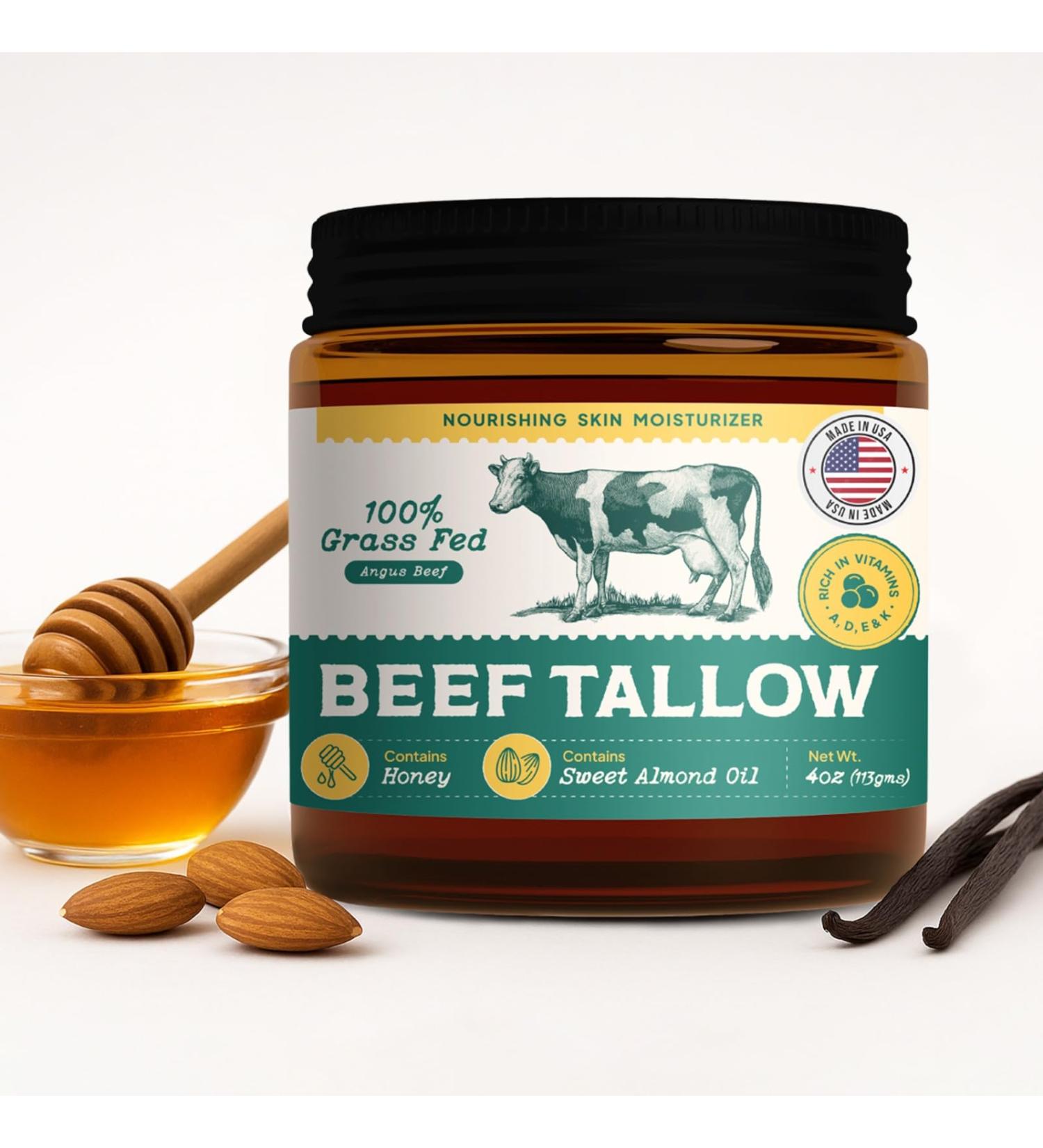 MEEZEE All Natural Beef Tallow For Skin - Handmade in USA - 100% Grass-fed Beef Tallow Face Moisturizer for Eczema Baby & Dry Skin - Tallow Honey Balm infused with Vanilla - Buy Online on GoSupps.com
