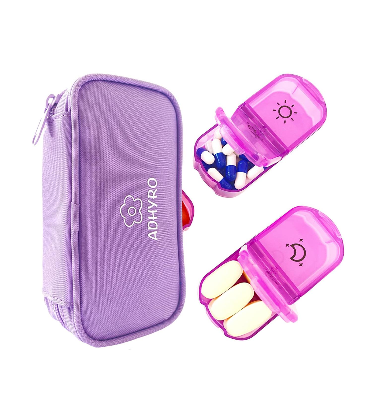 Large AM/PM Weekly Pill Organizer - 7 Day Pill Box with Writable Labels & Light-Purple Zipper Bag for Vitamins & Supplements - International Shipping - Buy Online on GoSupps.com