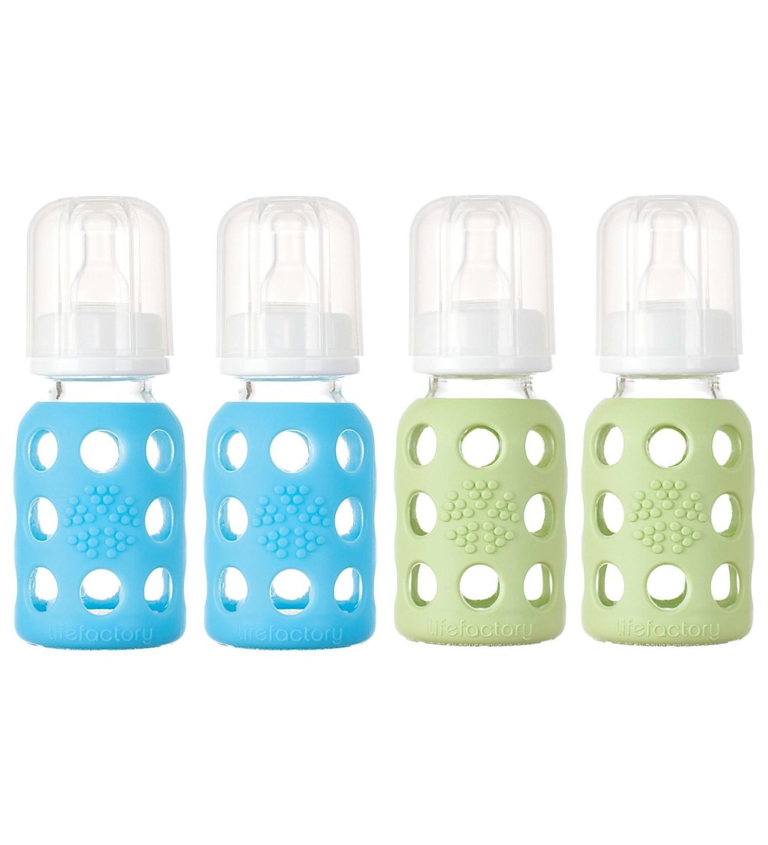Lifefactory Glass Baby Bottles 4 Pack (4 oz. in Boy Colors) (Blue/Green)