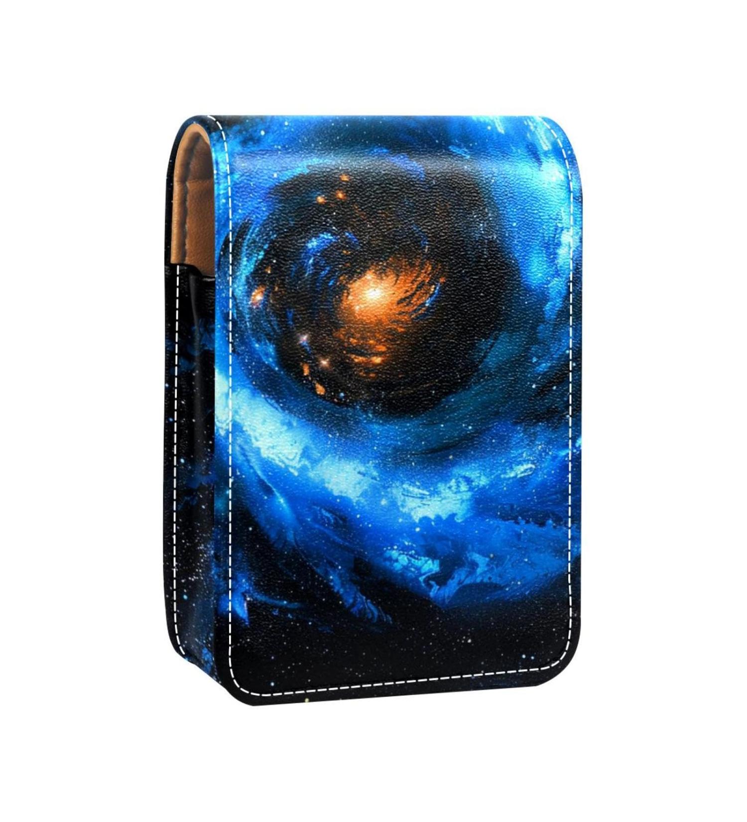 Blue Vortex Starry Universe Lipstick Case | Leather Lip Gloss Organizer with Mirror | Mini Lipstick Holder Bag - International Shipping Available - Buy Online on GoSupps.com