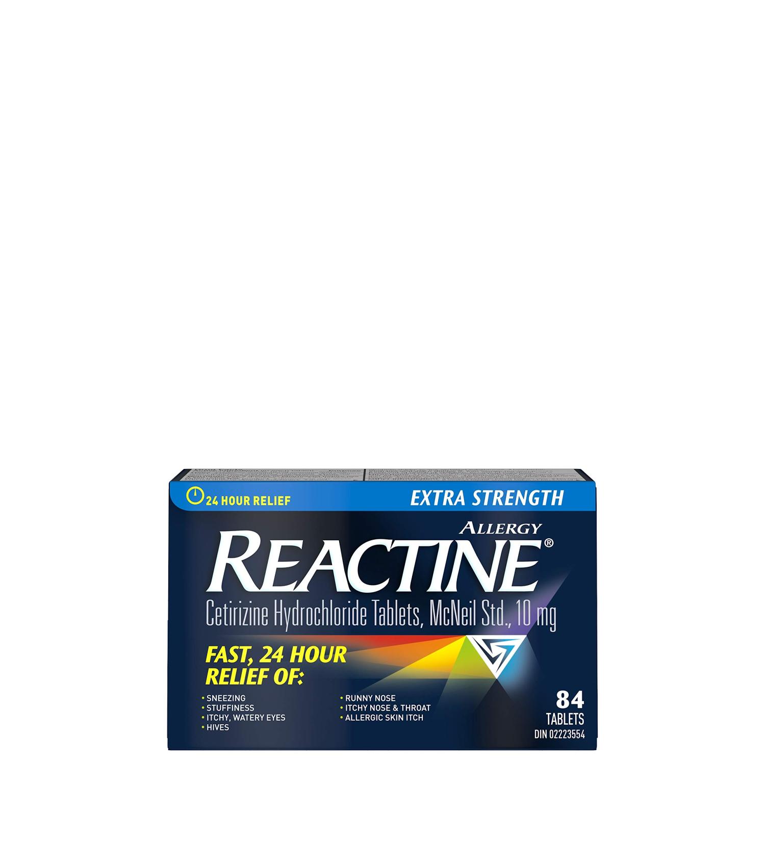 Reactine Extra Strength Antihistamine Tablets - 10mg Cetirizine Hydrochloride - 24 Hour Allergy Relief Medicine - 84 Count 84 count (Pack of 1) - Buy Online on GoSupps.com