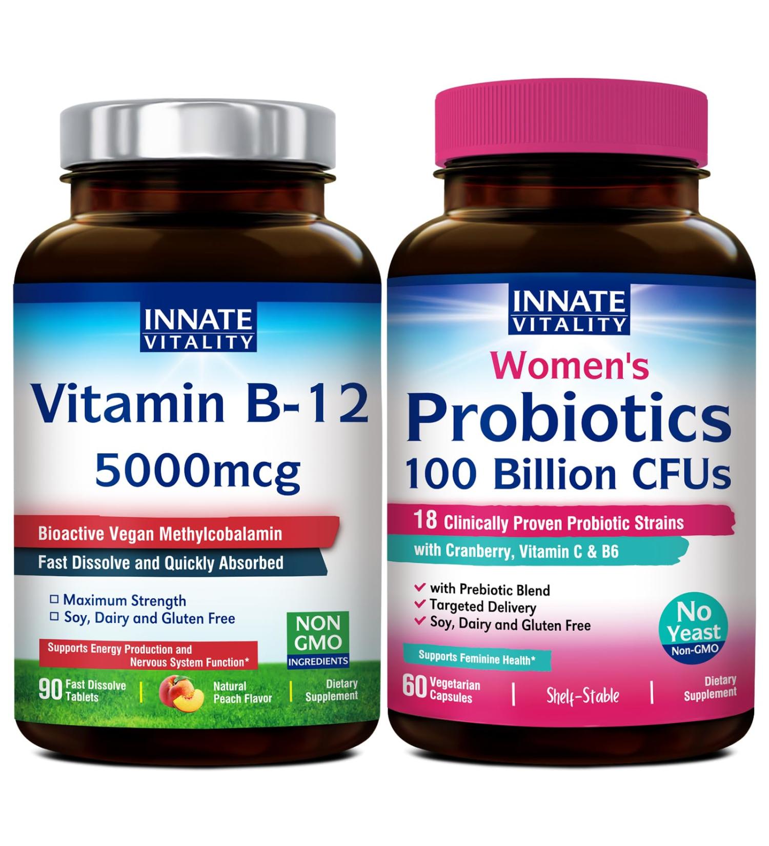 Innate Vitality Bundle: Probiotics (100 Billion CFUs 18 Strains) with Cranberry & Vitamin B12 5000mcg Sublingual Tablets - Digestive Vaginal Health Energy Production & Nervous System Support - Buy Online on GoSupps.com