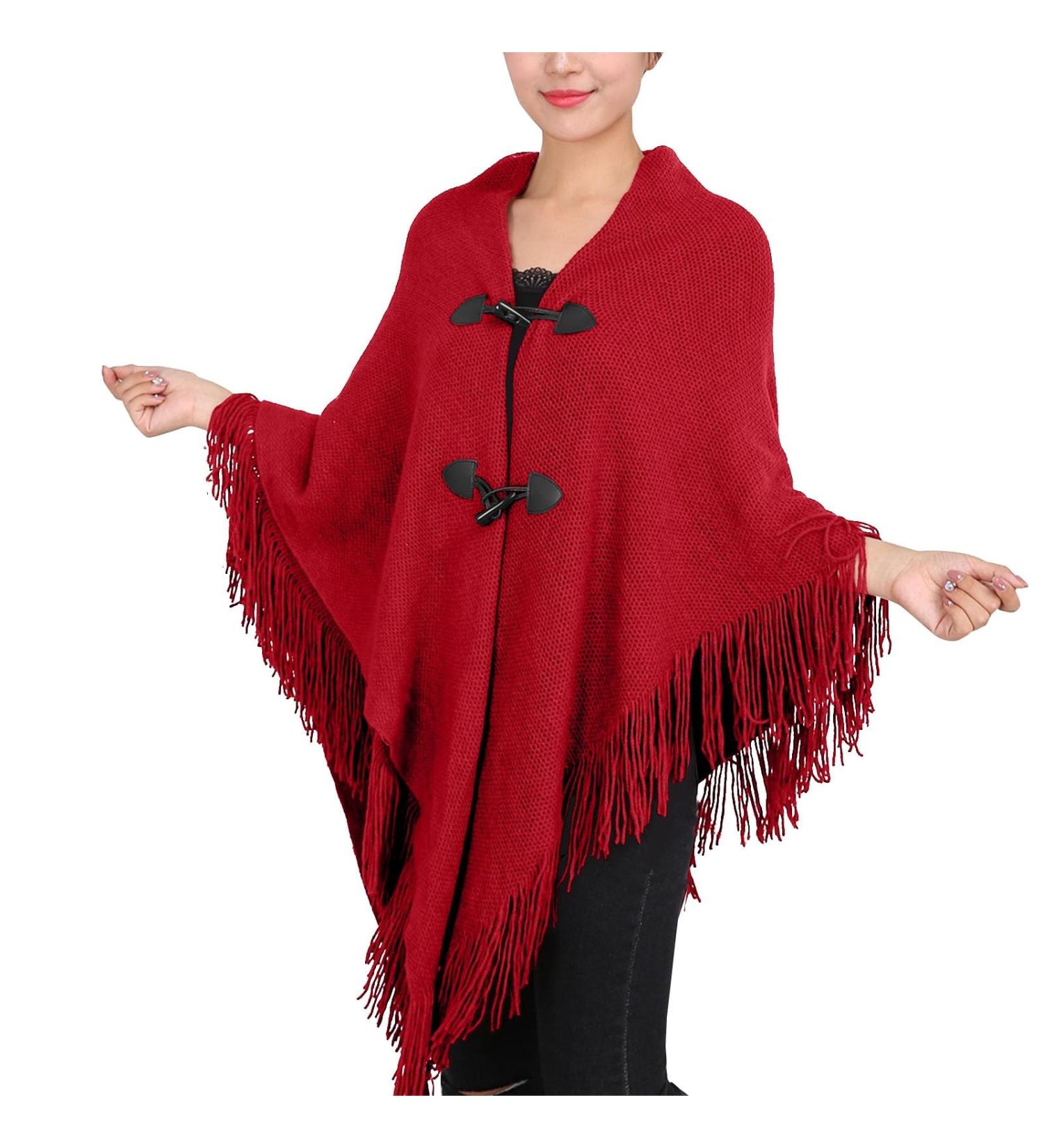 Warm Ladies Triangular Scarf - Cozy Watermelon Red Autumn Wrap with Button Bib - Buy Online on GoSupps.com