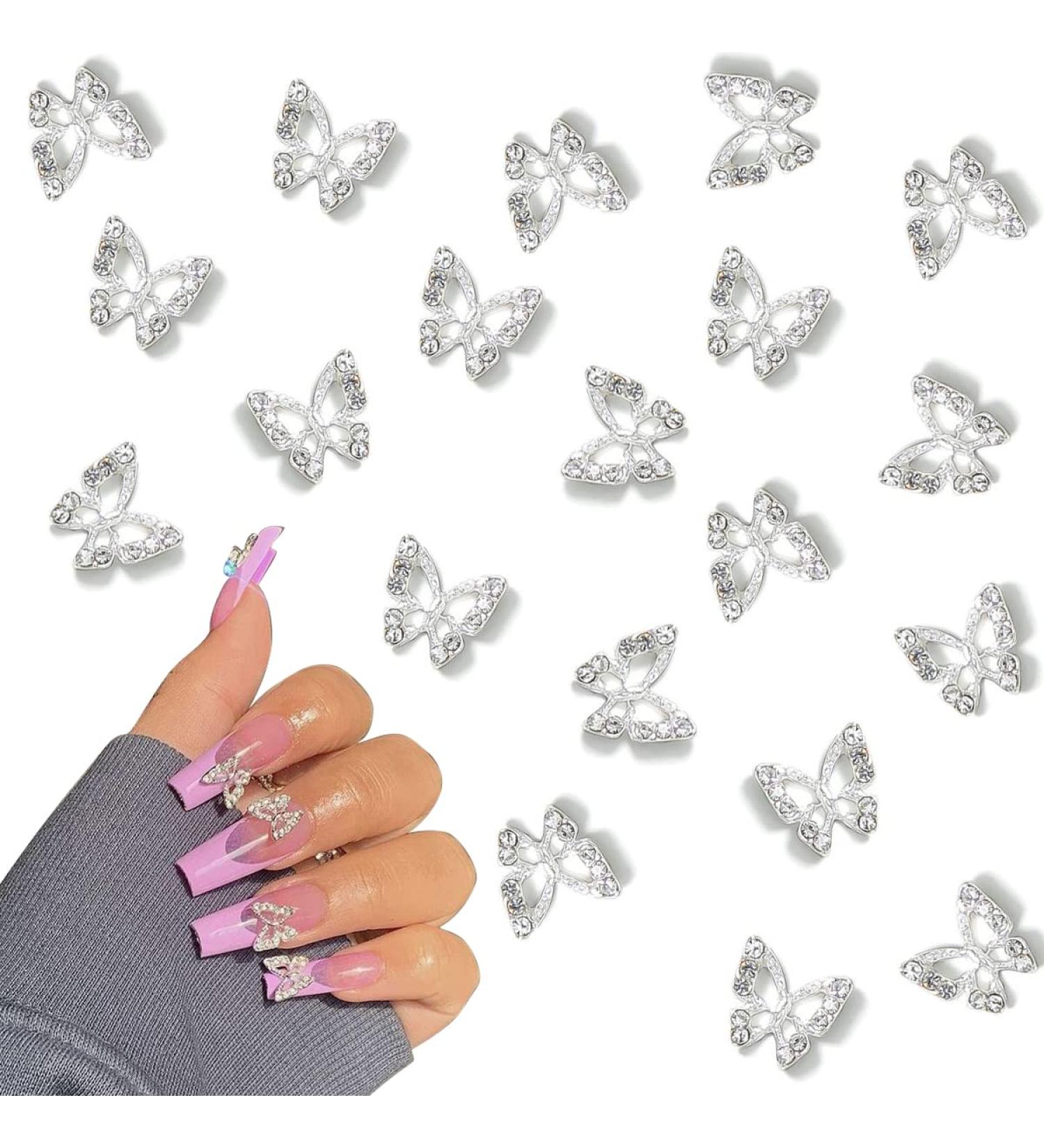 Silver Butterfly Nail Charms - 3D Metallic Rhinestones for Nail Designs | 20pcs - Buy Online on GoSupps.com