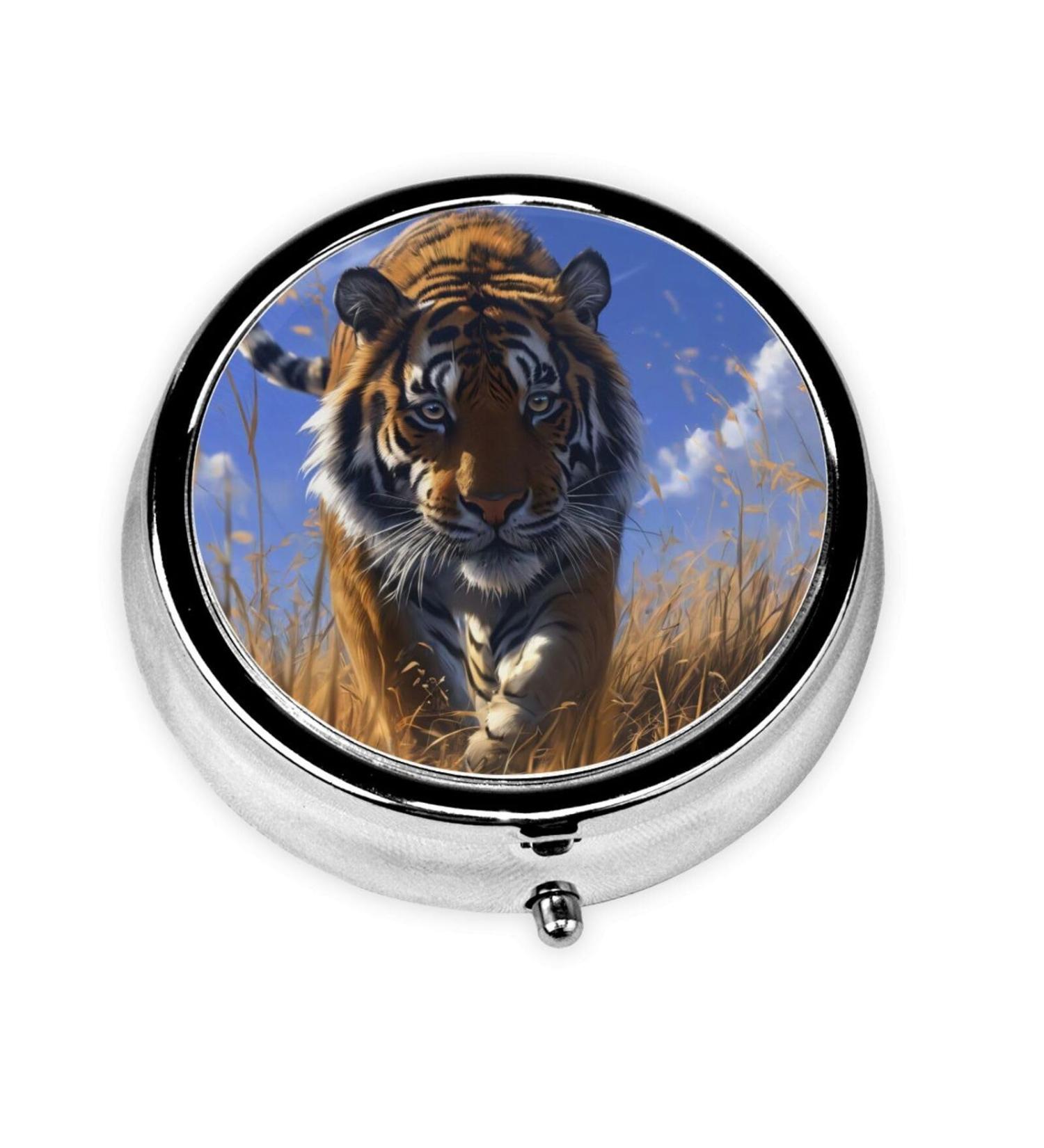 Walking Tiger Portable Metal Pill Box Round Mini 3-Compartment Design for Small Pills Perfect for Travel - Buy Online on GoSupps.com