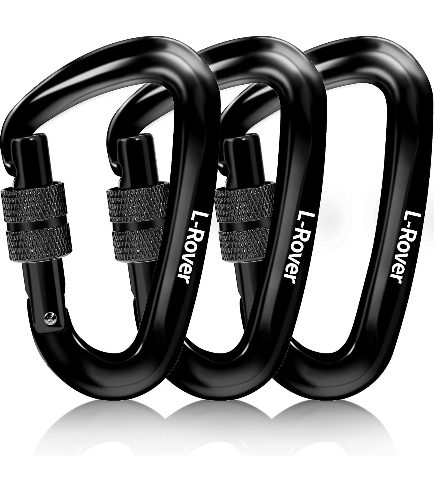 L-Rover Lightweight Locking Carabiner Clips Carabiner Heavy Duty x3/12kN/2645-pound Rating Caribeaners for Hammocks Swing Locking Dog Leash and Harness  Camping Keychains Hiking&Utility 12KN Black/Black - Buy Online on GoSupps.com