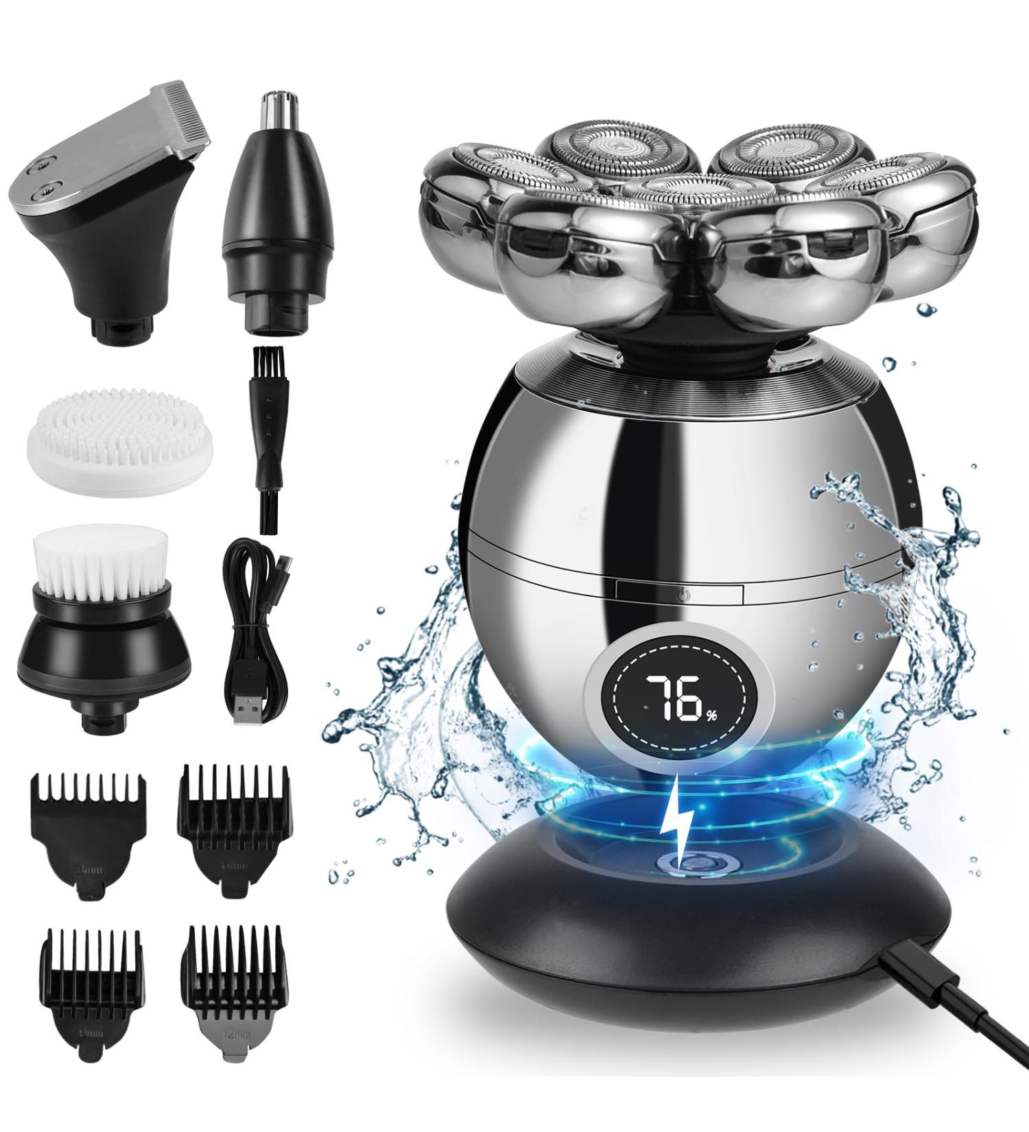 Bald Men's 7D Head Shaver - IPX7 Waterproof Electric Razor | 6-in-1 Beard Grooming Kit with LED Display | Wireless Charging & Wet/Dry Rotary Shaver - Buy Online on GoSupps.com
