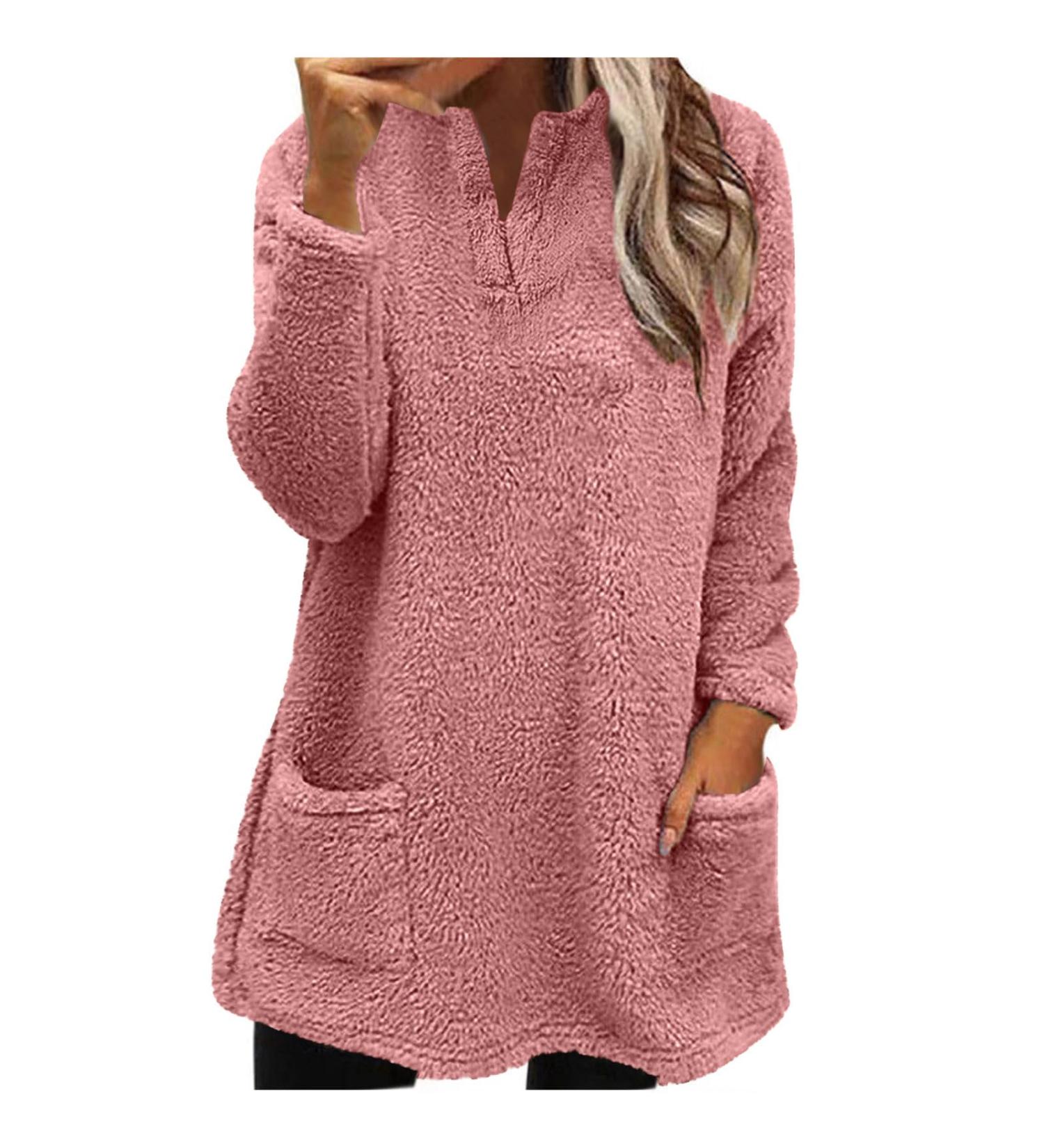 AMhomely Women's Plus Size Soft Teddy Fleece Hooded Jumper - Double Fleece Casual Hoodie with Pocket, V Neck Pullover Top for Winter - Wine S - Buy Online on GoSupps.com