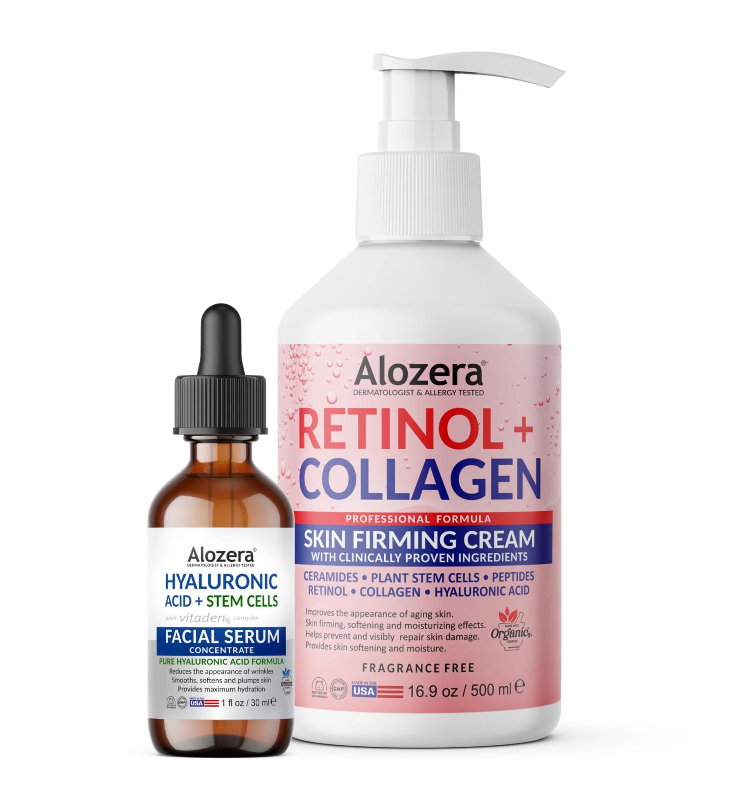 Alozera Retinol Collagen Body Lotion & Hyaluronic Acid Serum Bundle with Stem Cells for Firming Hydrating Plumper & Smoother Skin Lightweight & Fragrance-Free - Buy Online on GoSupps.com