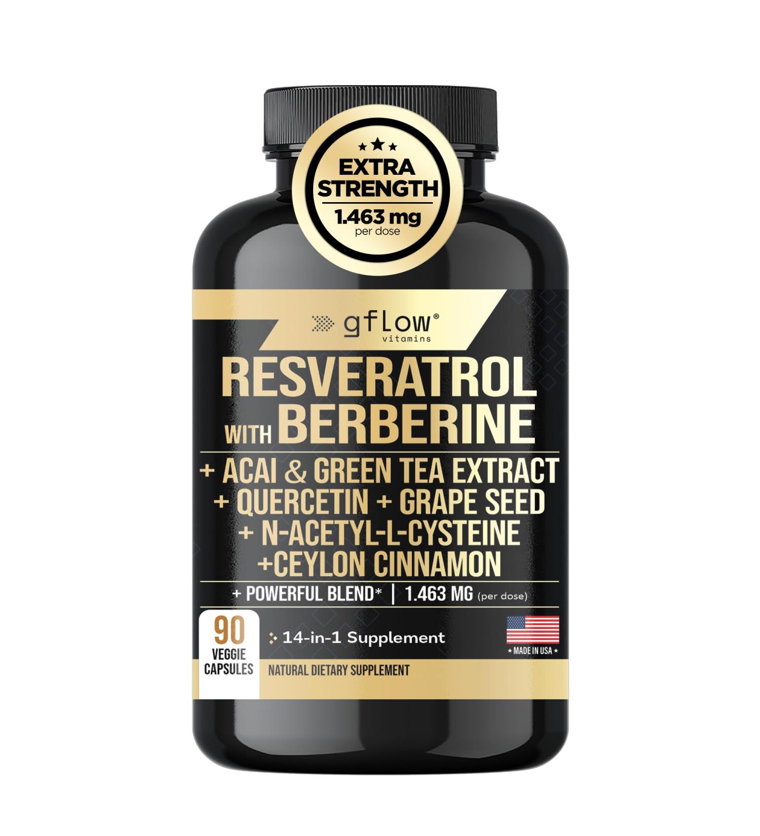 gflow vitamins Resveratrol Supplement with Berberine Green Tea Extract Ceylon Cinnamon Grape Seed & Quercetin1000mg Quercetin N Acetyl cysteine Acai | 100% Natural Max Strength | Made in USA - Buy Online on GoSupps.com