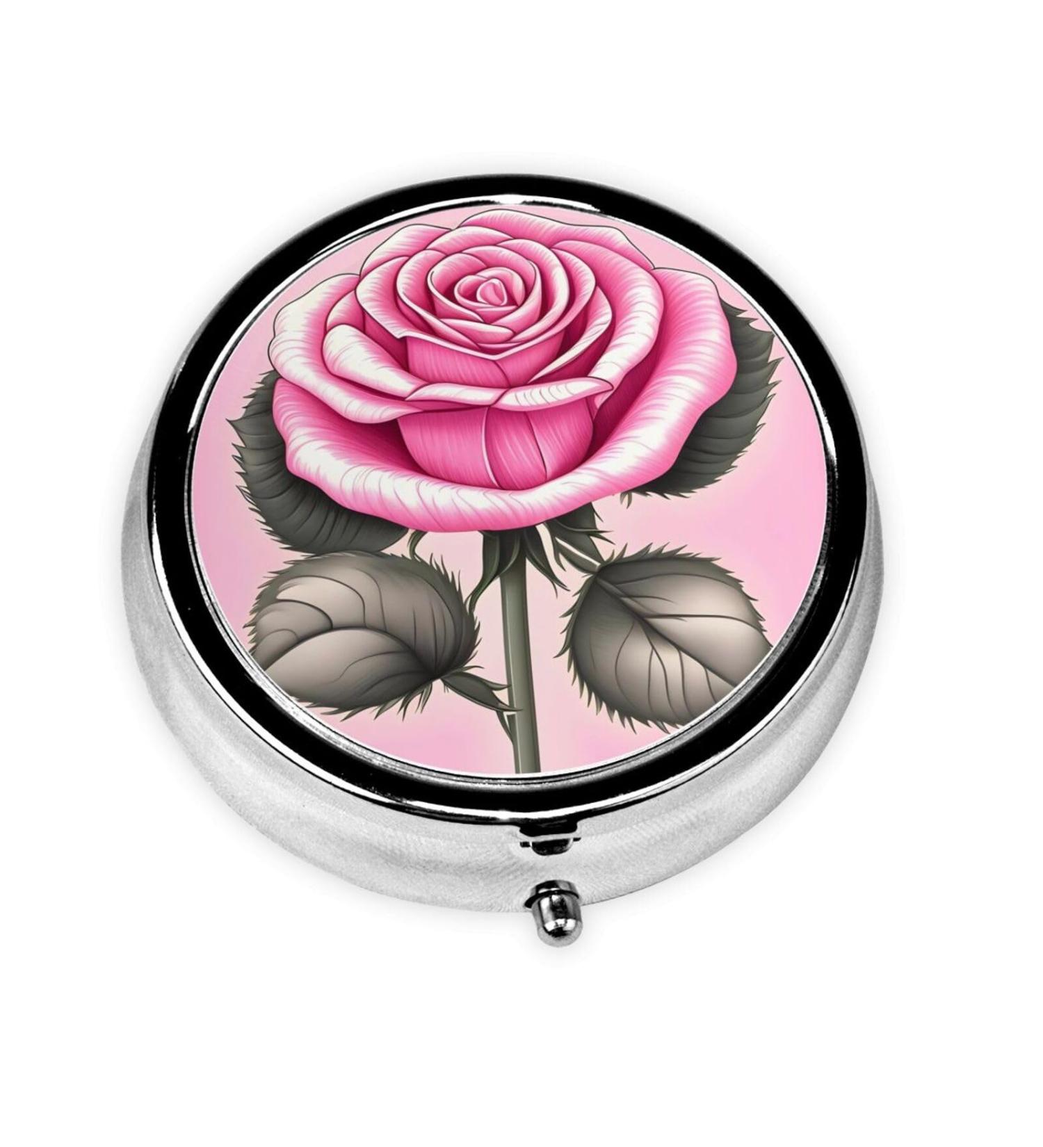 Beautiful Pink Roses Round Pill Box - 3 Compartment Portable Organizer for Travel & Purse - Buy Online on GoSupps.com