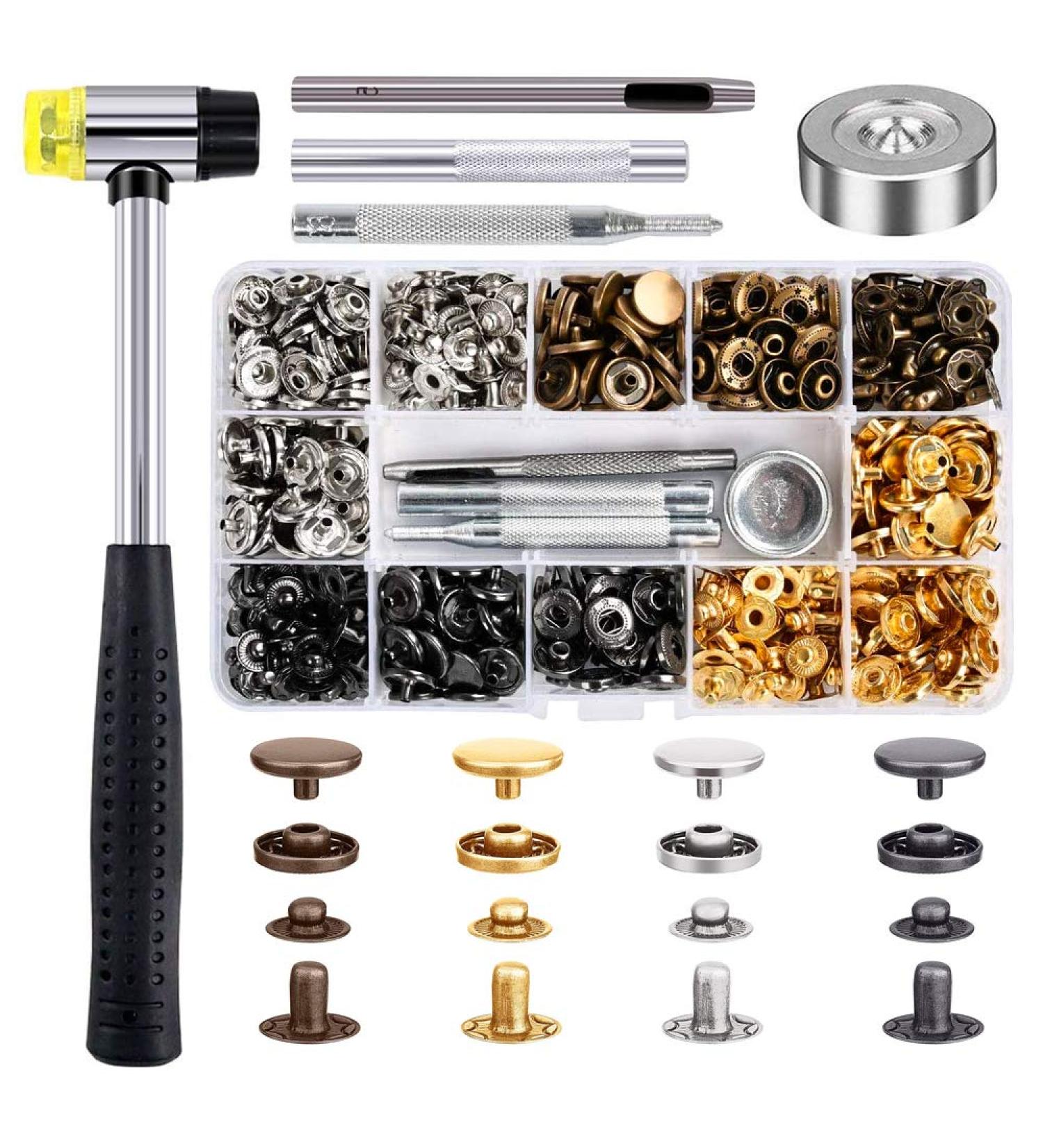 Qfun 120 Set Snap Fasteners Kit | 12mm Metal Button Snaps with Tools and Hammer | Ideal for Clothes, Jackets, Jeans, Bags | 4 Color Leather Snaps Included - Buy Online on GoSupps.com