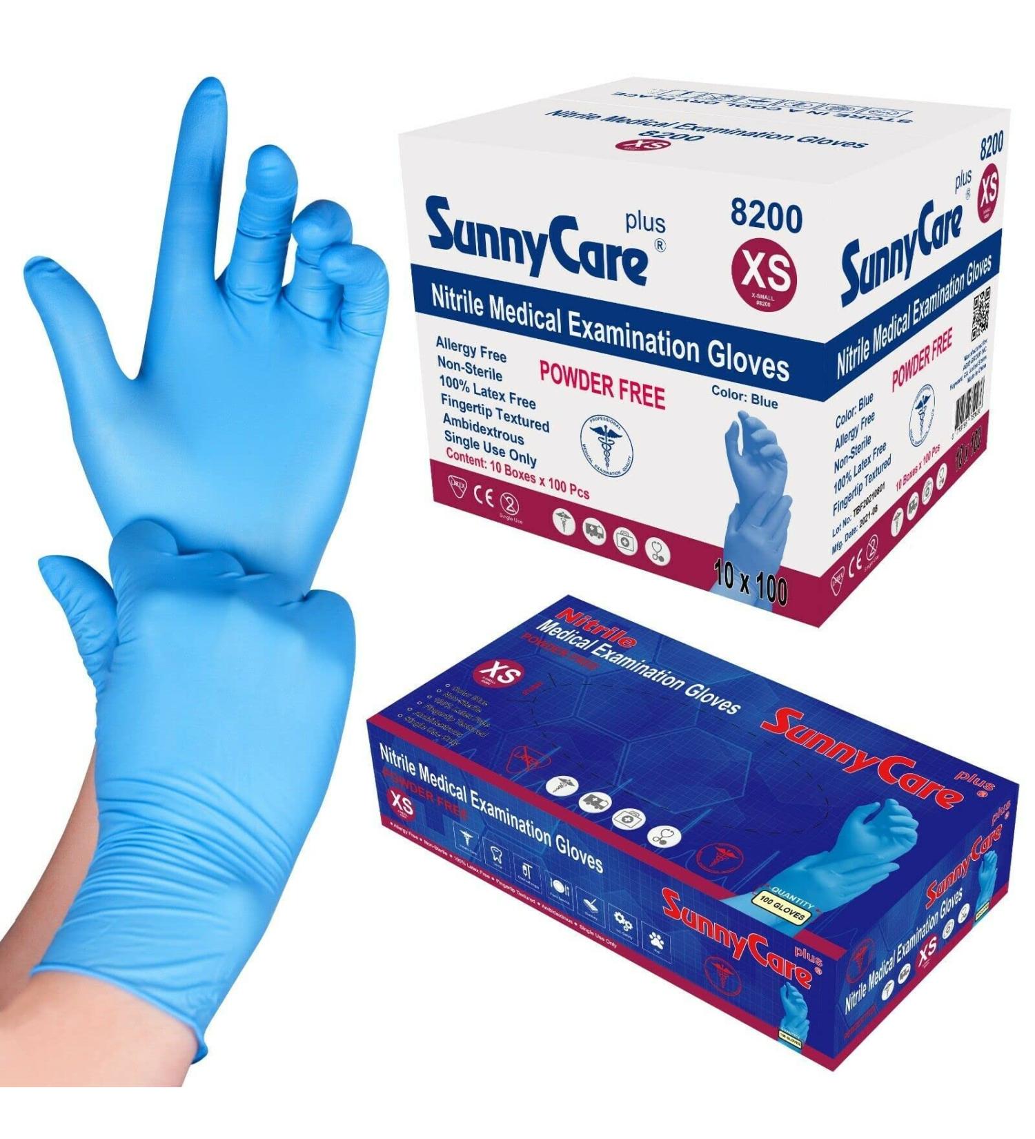 SunnyCare 8200 Blue Nitrile Medical Exam Gloves - X-Small (1000 Pcs) - Powder Free, Chemo-Rated - Latex-Free - 10 Boxes/Case - Buy Online on GoSupps.com