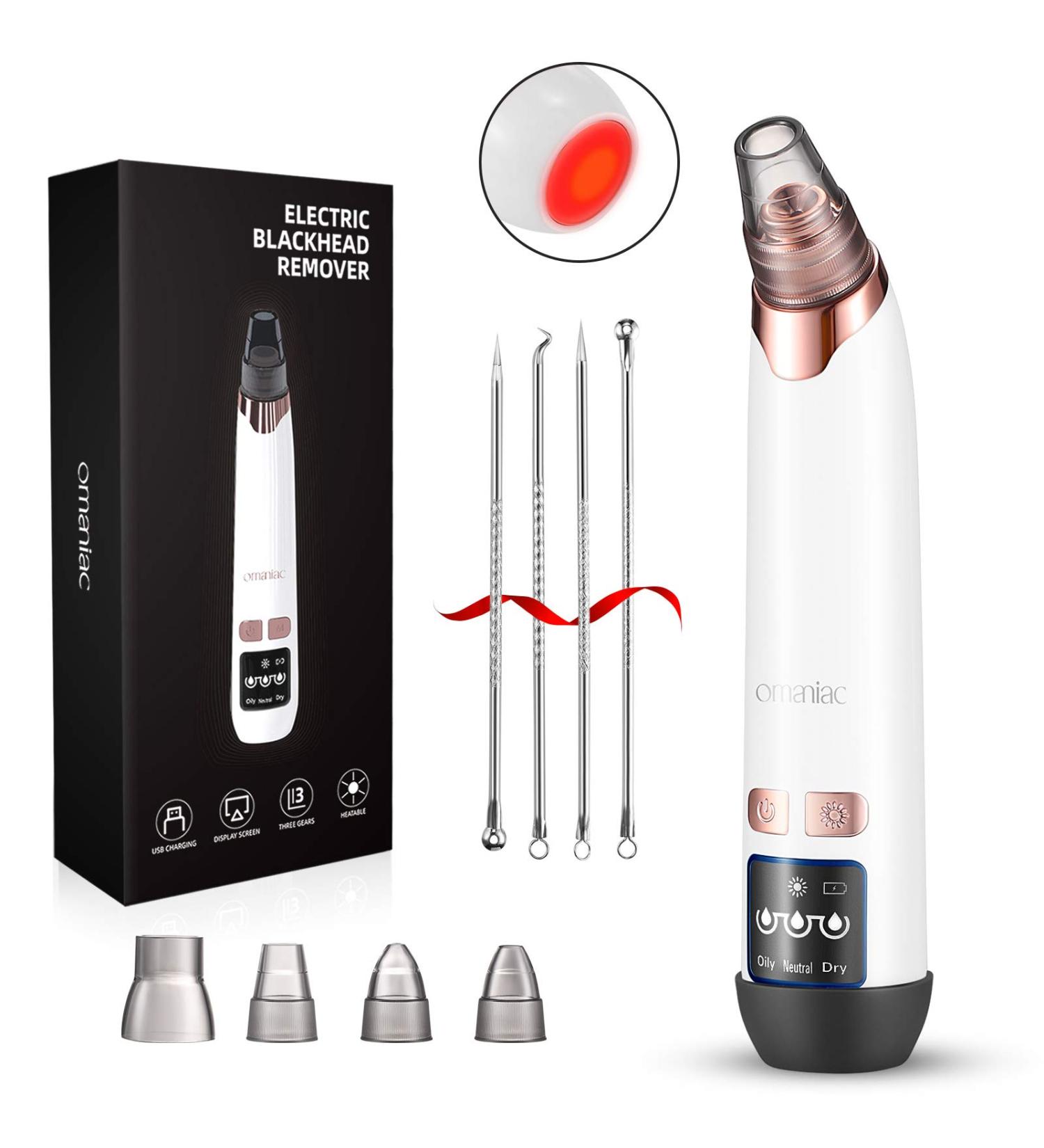 OMANIAC Blackhead Remover Vacuum with Hot Compress Kit | Rechargeable Electric Blackhead Cleaner with 4 Suction Probes and Acne Removal Tools - Buy Online on GoSupps.com
