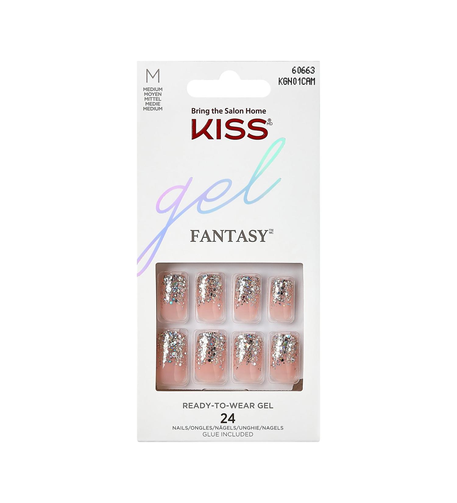 KISS Gel Fantasy Glue-On Manicure Kit Fanciful Medium Square Nails - 28 False Nails with Nail Glue, File & Manicure Stick - Beige Glitter - 24 Count - Buy Online on GoSupps.com
