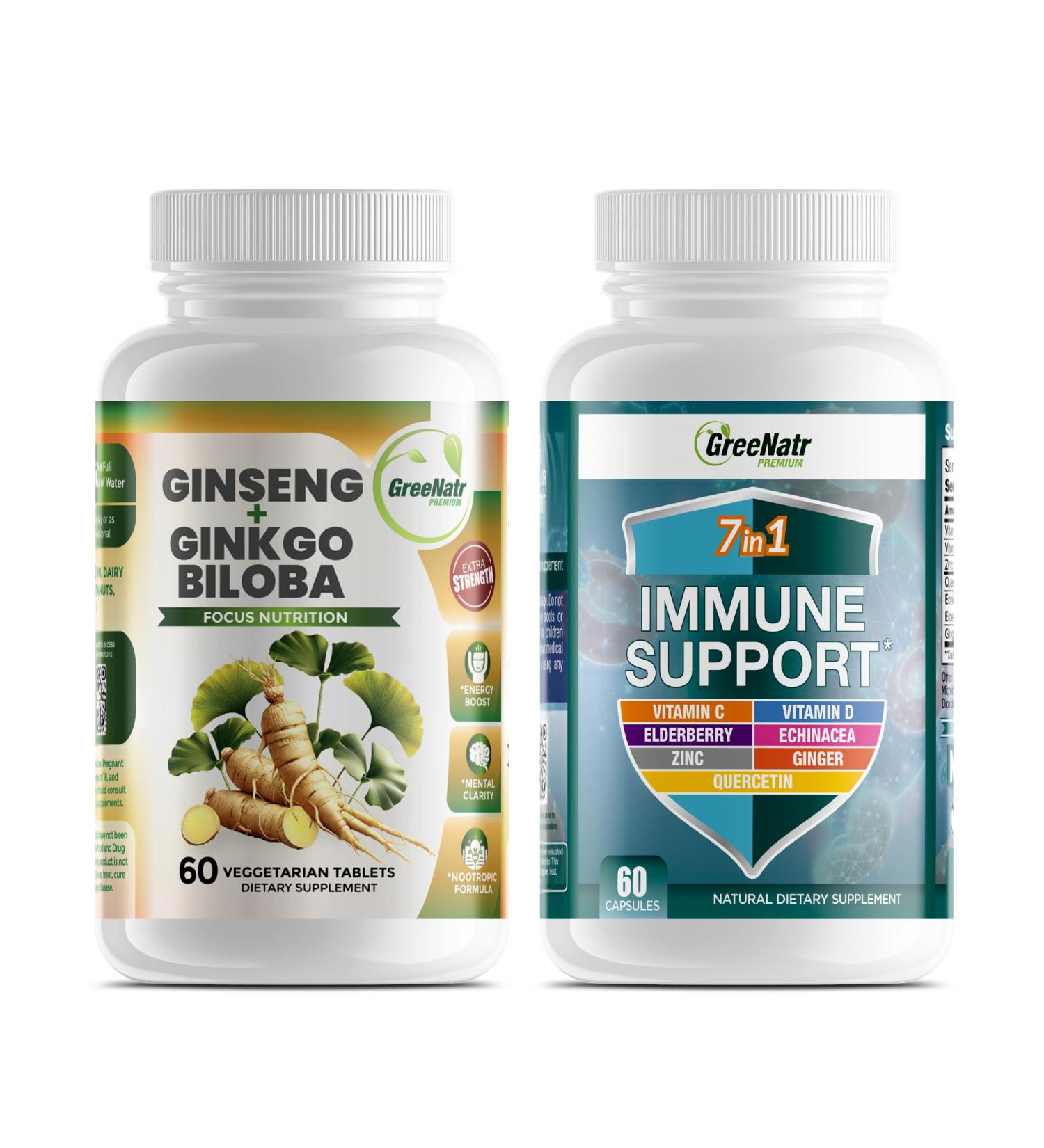 GreeNatr Korean Red Ginseng Root and Ginkgo Biloba and 7 in 1 Immune Support Supplement with Vitamin C, Vitamin D3, Zinc 50mg, Quercetin - Buy Online on GoSupps.com