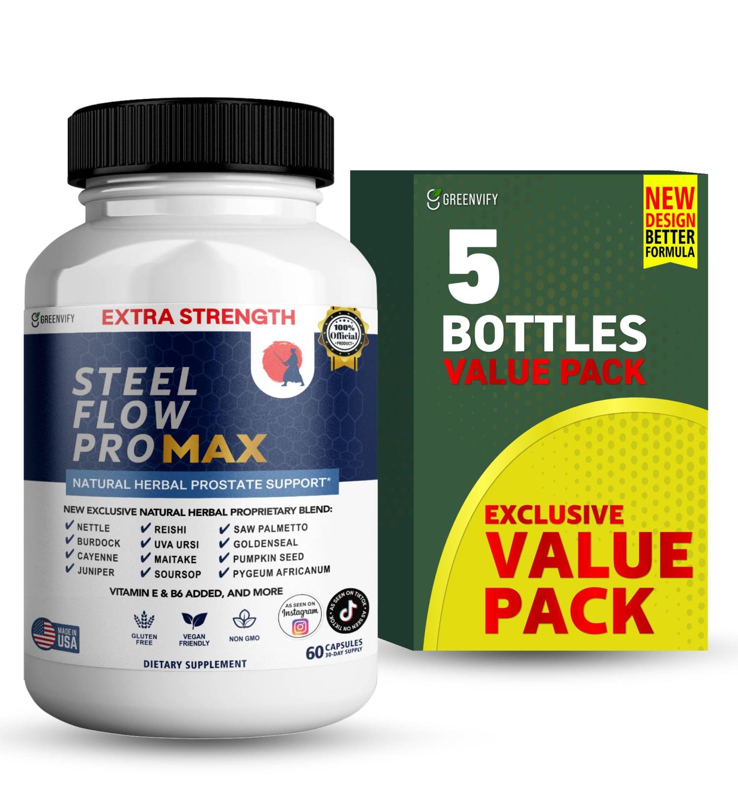 Steel Flow Pro Max Natural Prostate Support Supplement 60 Capsules Extra Strength with Saw Palmetto Vitamins and Herbal Blend (5) - Buy Online on GoSupps.com