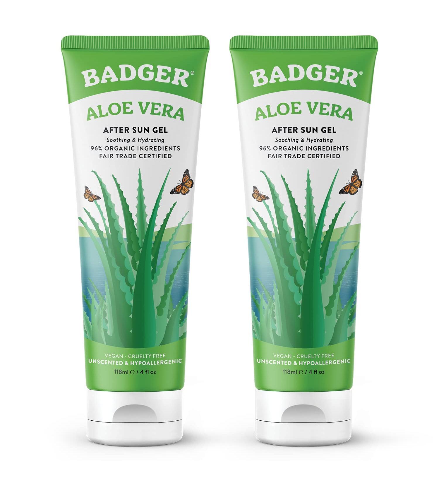 Organic Badger Aloe Vera After Sun Gel (2 Pack) - Cooling & Soothing - Fair Trade, Unscented - 4 Fl Oz x 2 - Buy Online on GoSupps.com