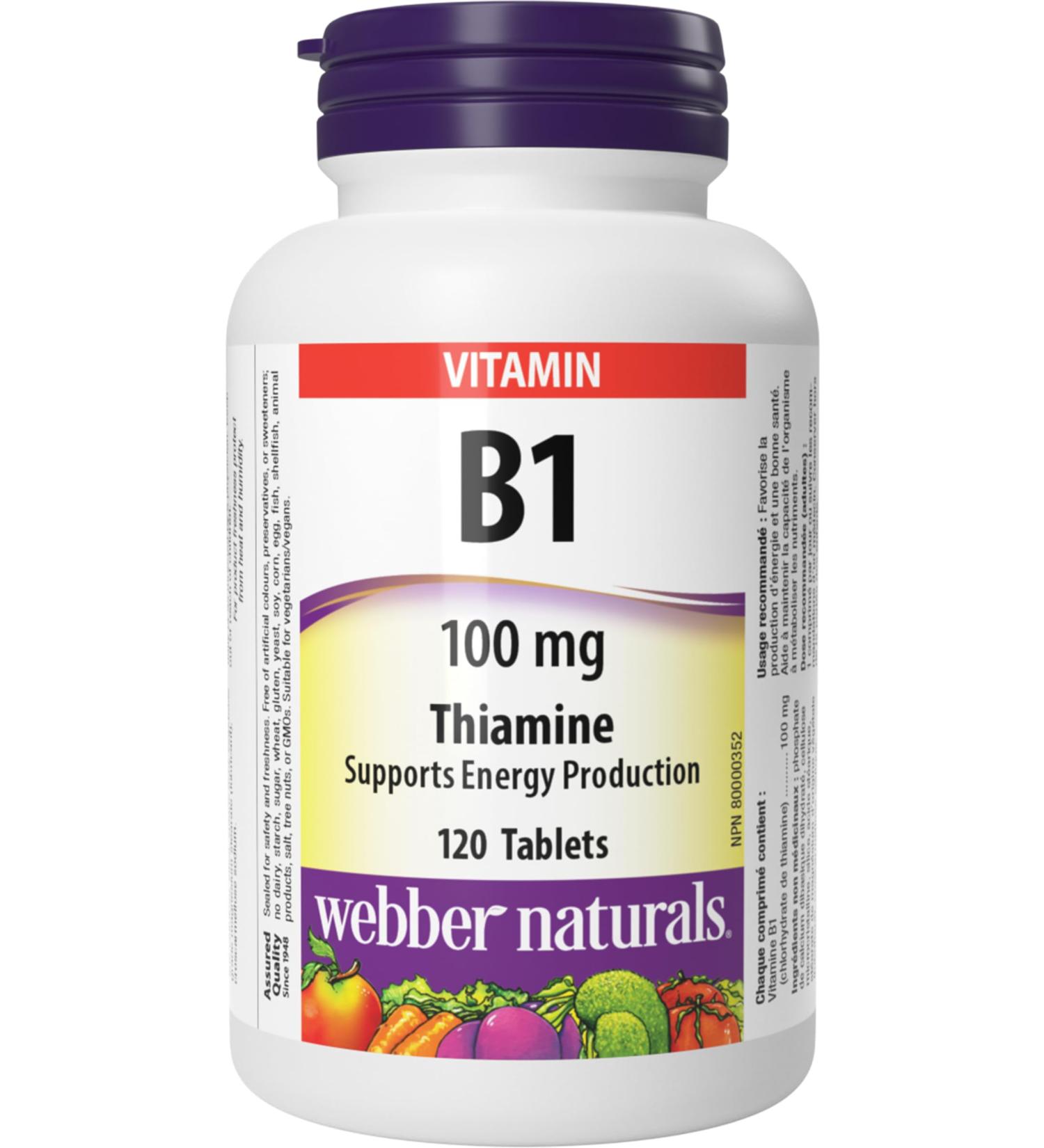 Webber Naturals Vitamin B1 Thiamine 100 mg 120 Tablets Supports Energy Production Vegan - Buy Online on GoSupps.com