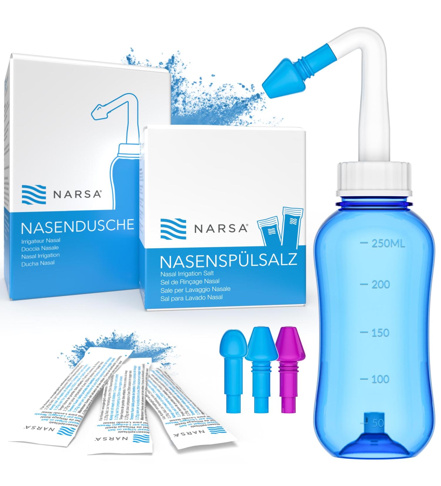 Nasal Shower Set Narsa | 30x Nose Rinsing Salt | 3 Attachments for Adults & Children | Effective Nasal Cleaning for Colds & Allergies - Buy Online on GoSupps.com