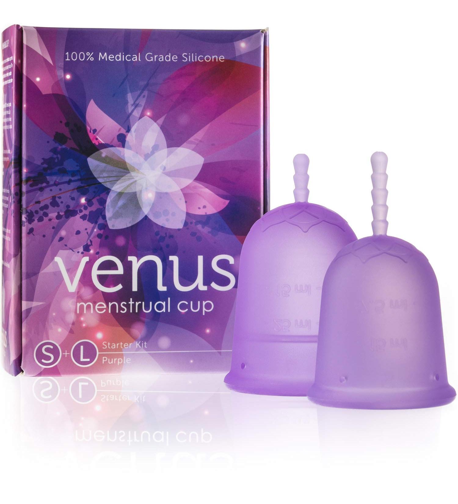 Venus Menstrual Cup Starter Kit - 2 FDA Registered Reusable Silicone Cups for Beginners - Sizes Small & Large - Made in USA - Eco-Friendly Purple Set - Buy Online on GoSupps.com