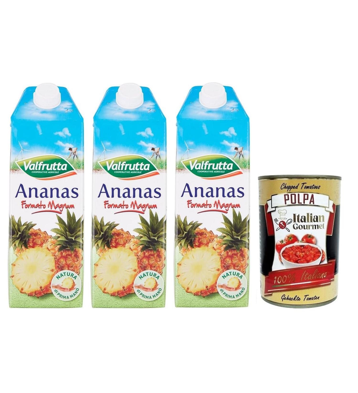 Valfrutta Succo Pineapple Pack of 3 refreshing non-alcoholic drinks pineapple flavored fruit juices 1500 ml + Italian Gourmet Polpa di Pomodoro box 400 g - Buy Online on GoSupps.com