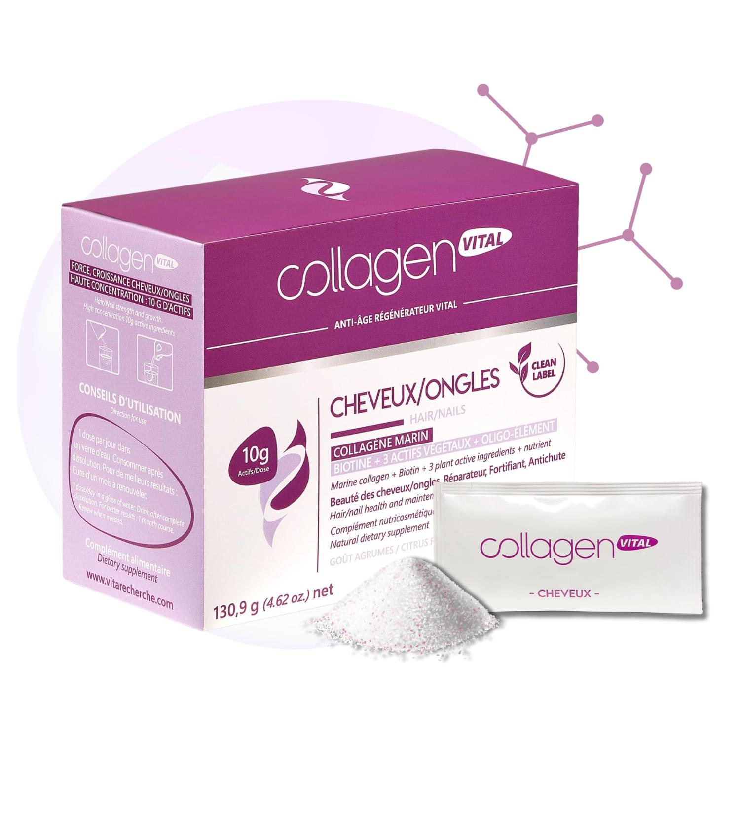 Collagen Vital - Collagen Vital Cheveux & Ongles - Biopeptides de Pur Collag ne Marin - Pr vention R paration Protection et Pr servation - Fabrication Fran aise - 15 Sachets 130g - Buy Online on GoSupps.com