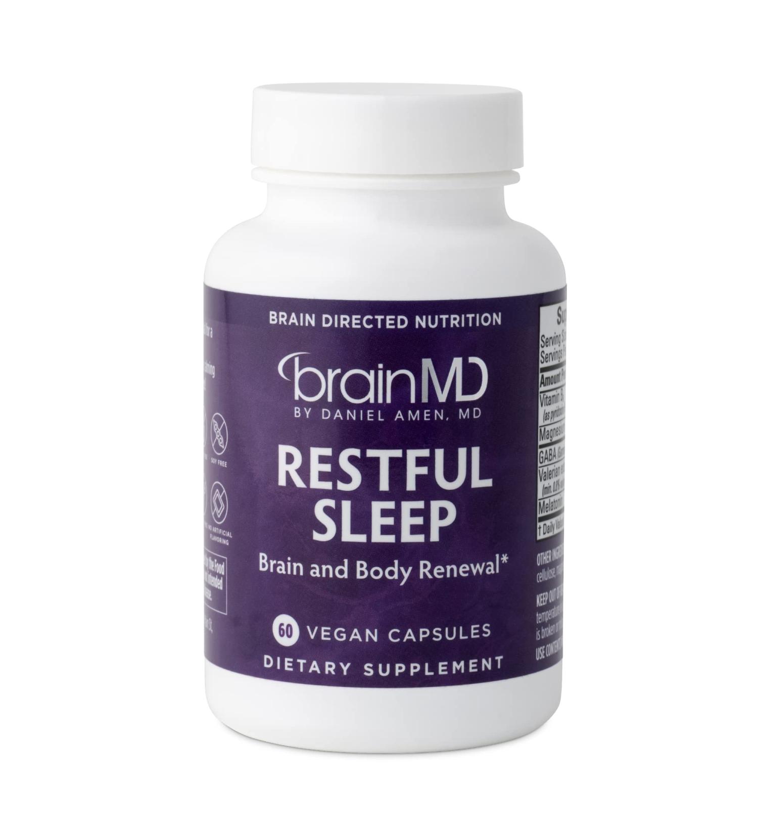 BRAINMD Dr Amen Restful Sleep - 60 Vegan Capsules - Supports Brain & Body Renewal - with Melatonin Valerian Extract GABA & Magnesium - Non-Habit Forming - 30 Servings 30 Servings (Pack of 1) - Buy Online on GoSupps.com
