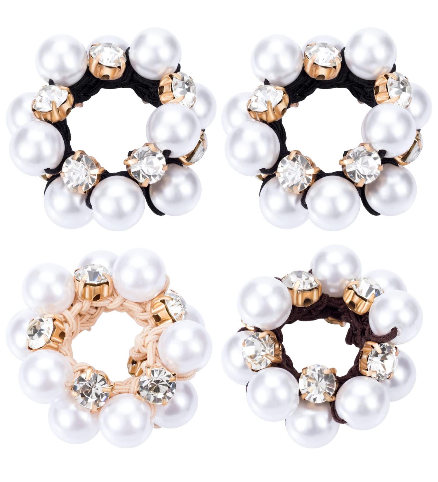 PAGOW 4PCS Black Elastic Hair Scrunchies with Pearls and Crystals | Hair Accessories for Women and Girls - Buy Online on GoSupps.com