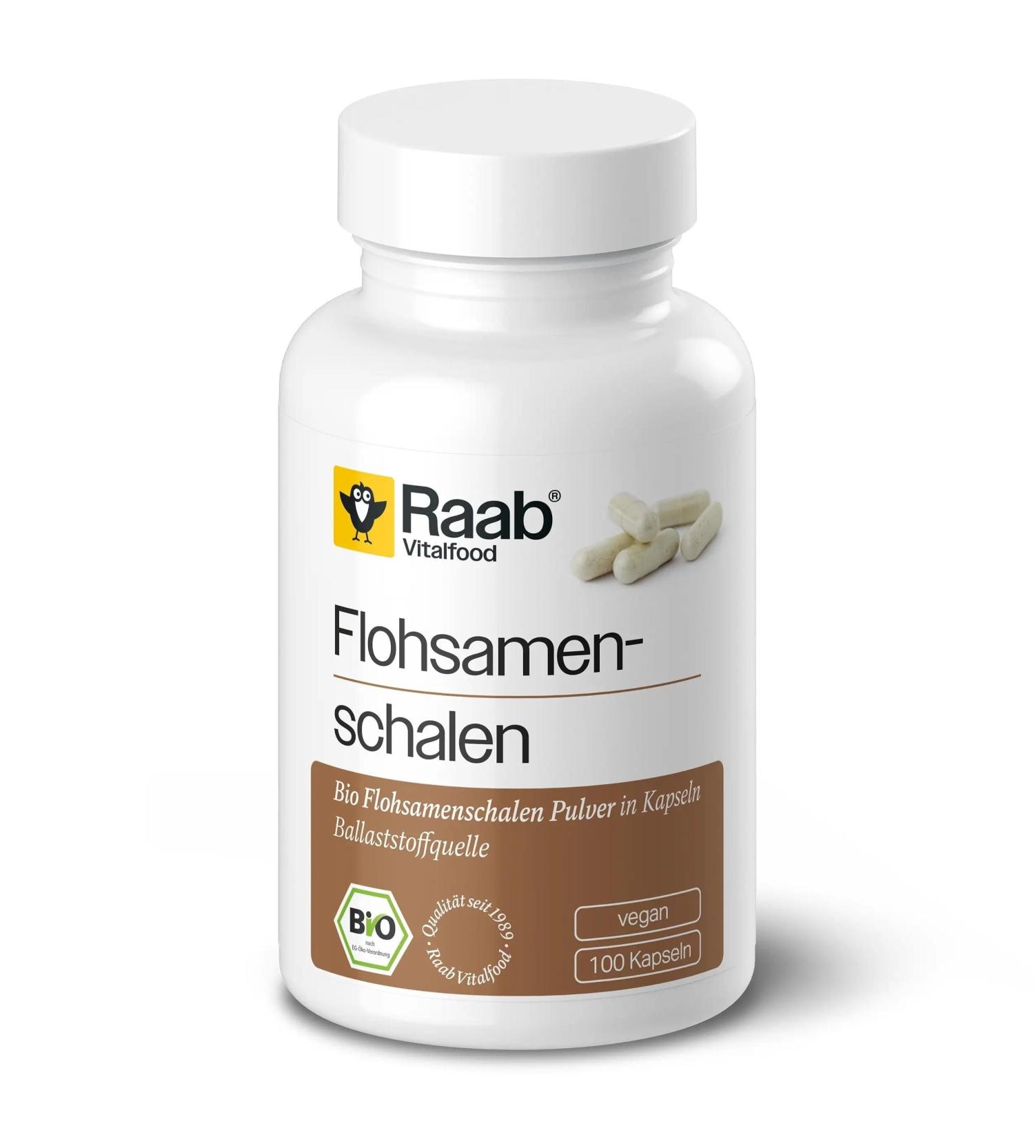Raab vitalfood organic psyllium husks 100 capsules of 600 mg i bio vegan and naturally from gluten- & lactose-free i 83% vegetable fiber i finely ground psyllium shells