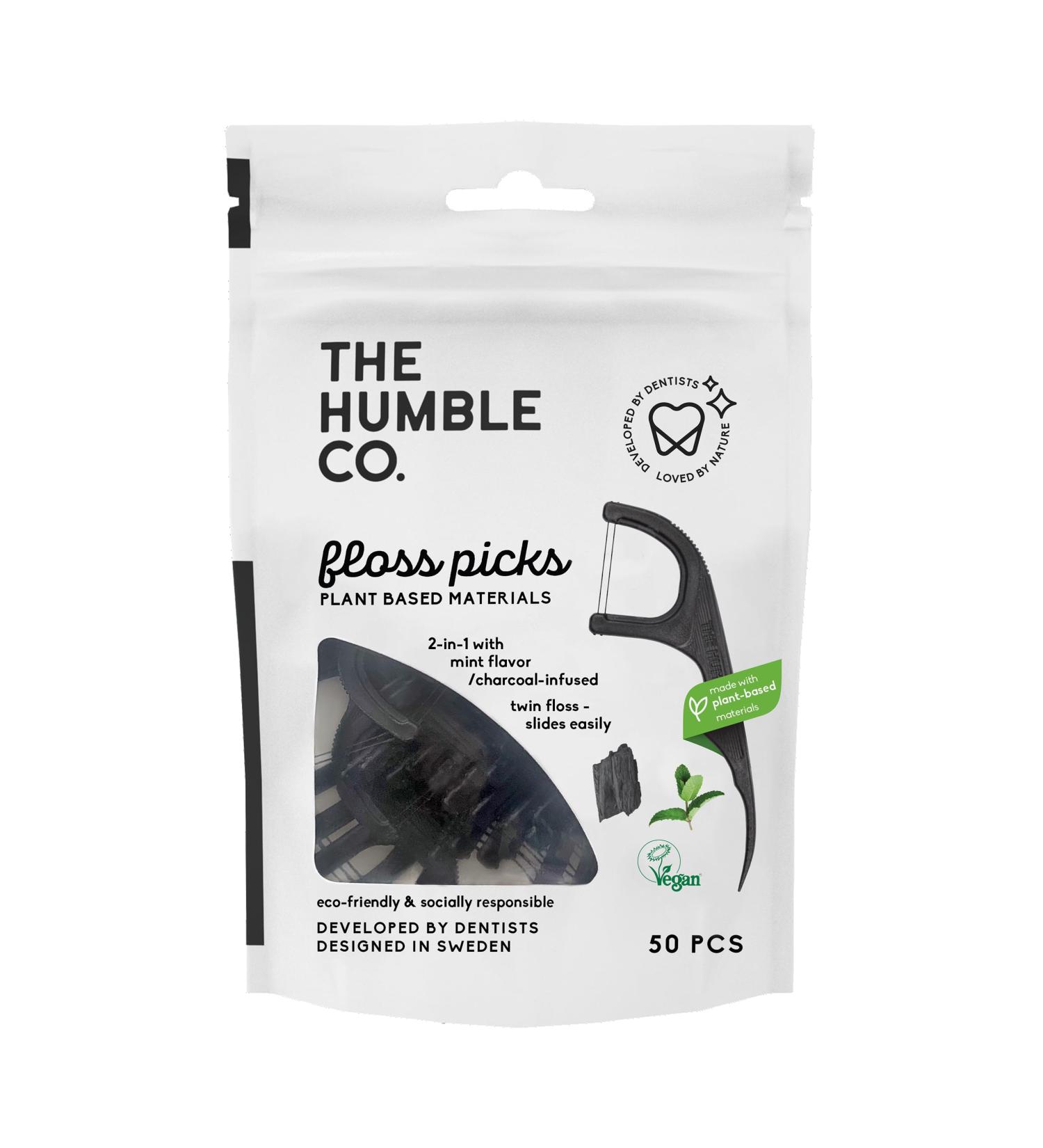 Humble Co. Plant-Based Charcoal Floss Picks - Vegan & Eco-Friendly Oral Care, Dentist Approved, Removes Plaque - 50 Count - Buy Online on GoSupps.com