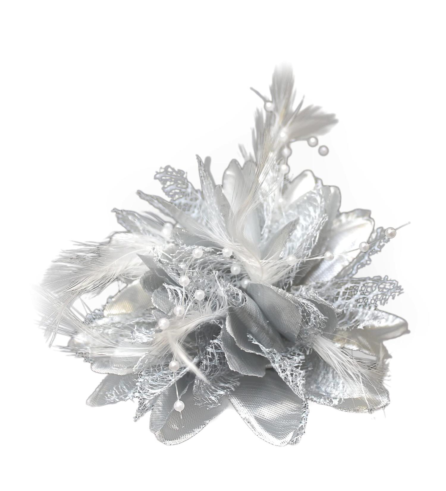 Silver Flower Feather Bead Corsage Hair Clip Fascinator Set - Buy Online on GoSupps.com