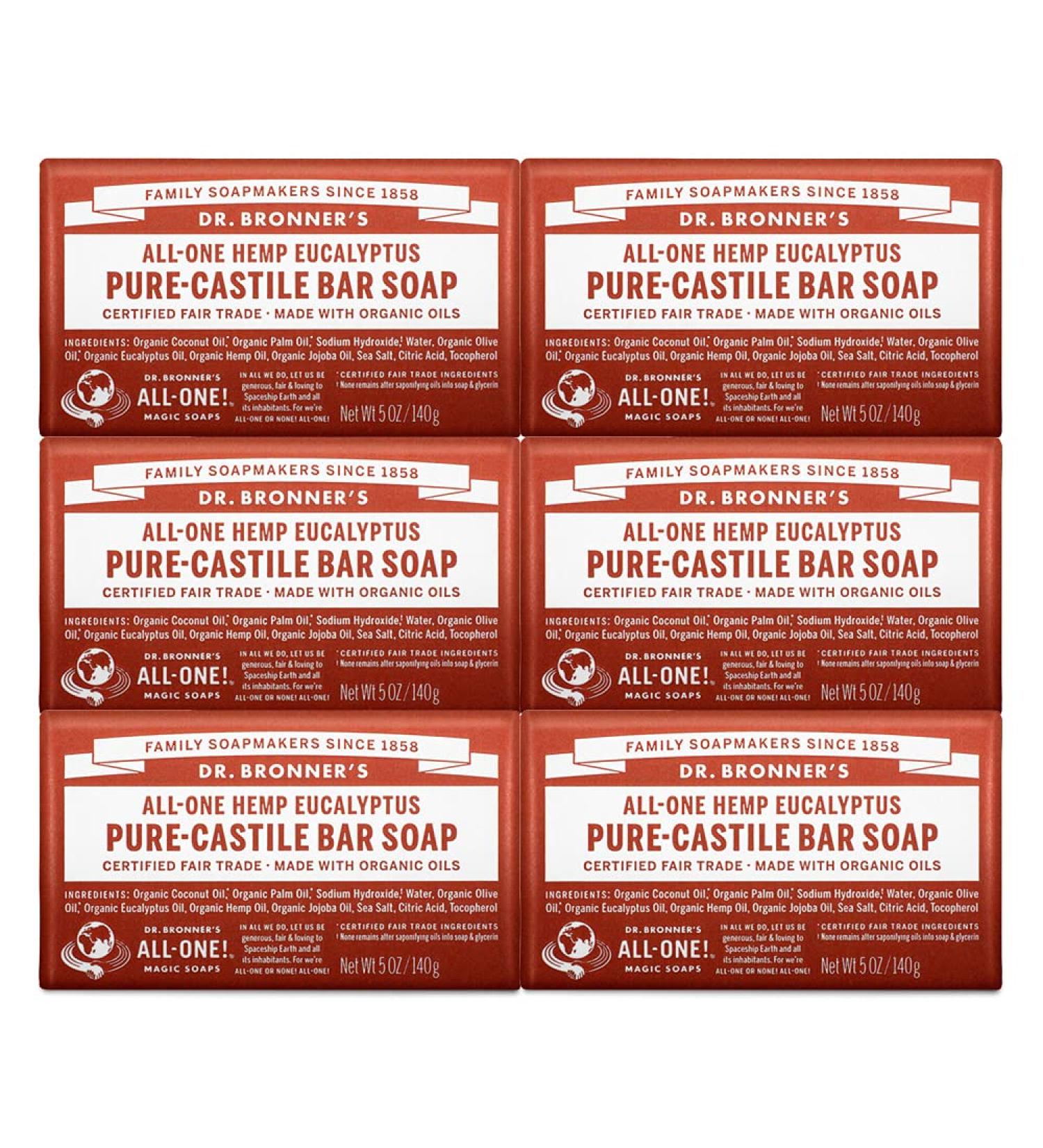 Dr. Bronner's Eucalyptus Pure-Castile Bar Soap 6-Pack - Organic, Gentle & Moisturizing for Face, Body, Hair - Vegan & Cruelty-Free - 5 oz - Buy Online on GoSupps.com
