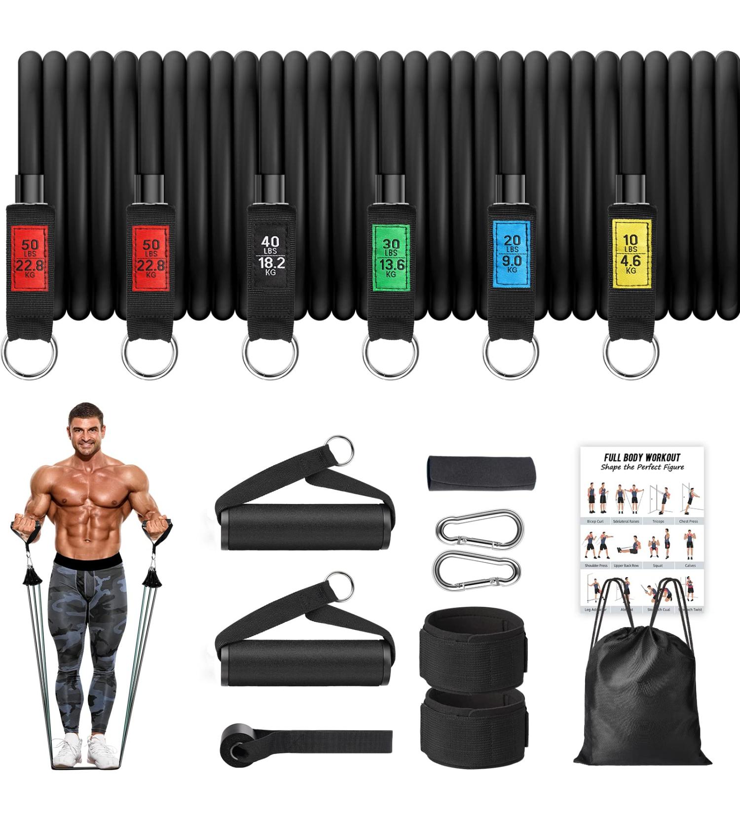 Ezona 200lbs Resistance Bands Set for Men and Women - Heavy Exercise Bands with Handles, Door Anchor, Ankle Straps - Home Gym, Yoga, Physical Therapy - Buy Online on GoSupps.com