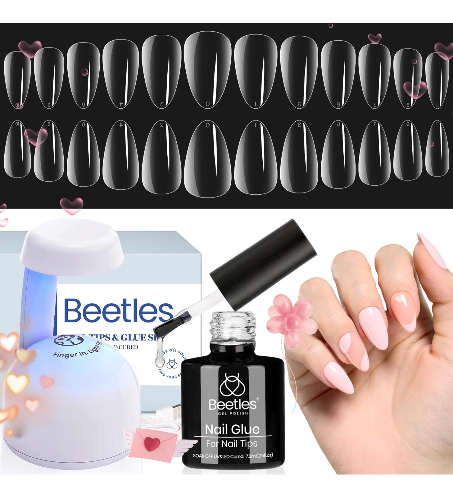 Beetles Gel Nail Kit with 500Pcs Soft Gel Nail Tips - Short Almond Shape | Easy DIY Nails Art Set with UV LED Lamp & 5-in-1 Nail Glue | Home Acrylic False Nail Tips Kit - Clear 500PCS - Buy Online on GoSupps.com