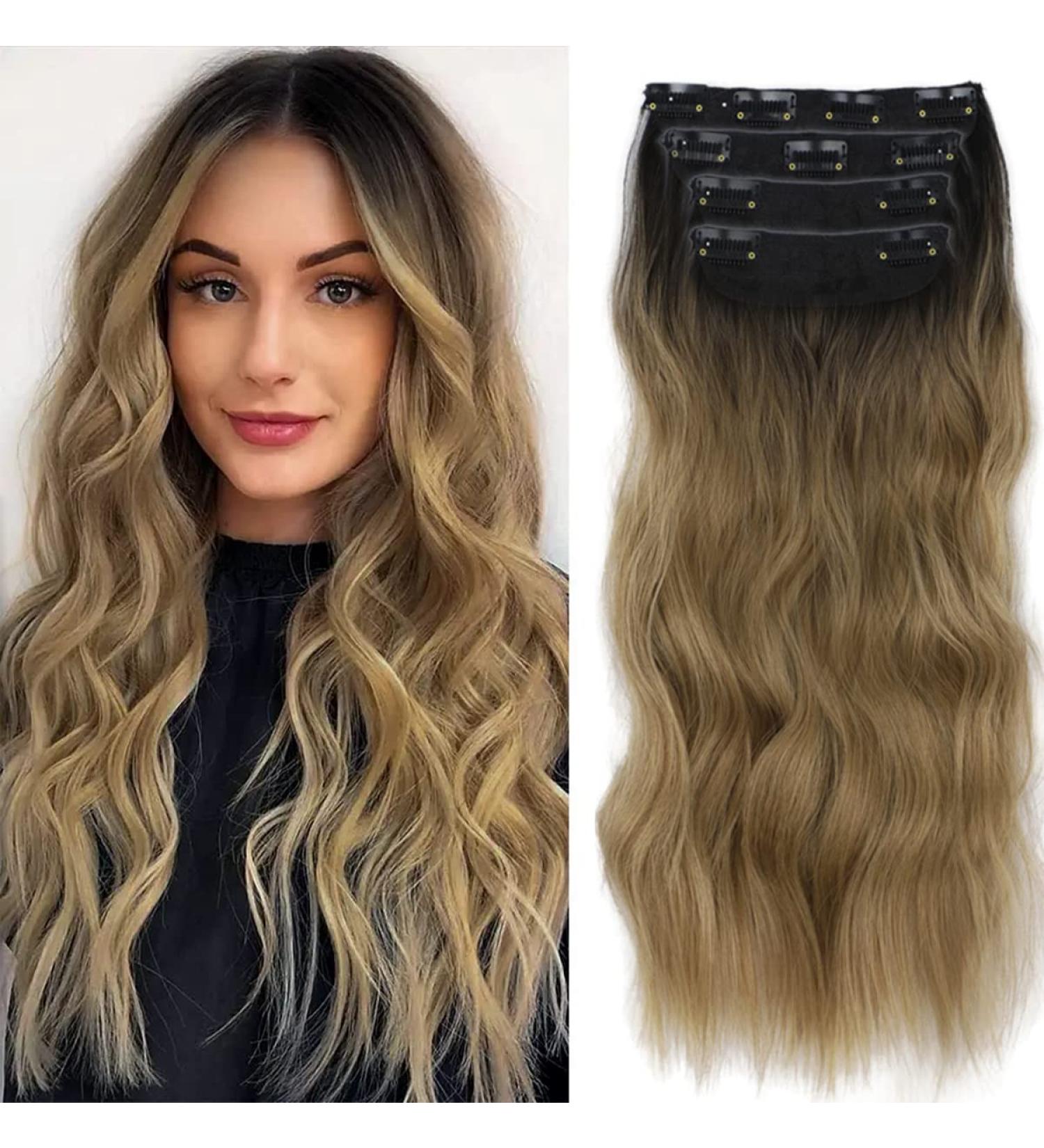 Clip-In Hair Extensions - Brown Synthetic Double Weft 50cm 200g Ombre Goldblond - Affordable Full Head 4-Pcs for Women - Buy Online on GoSupps.com