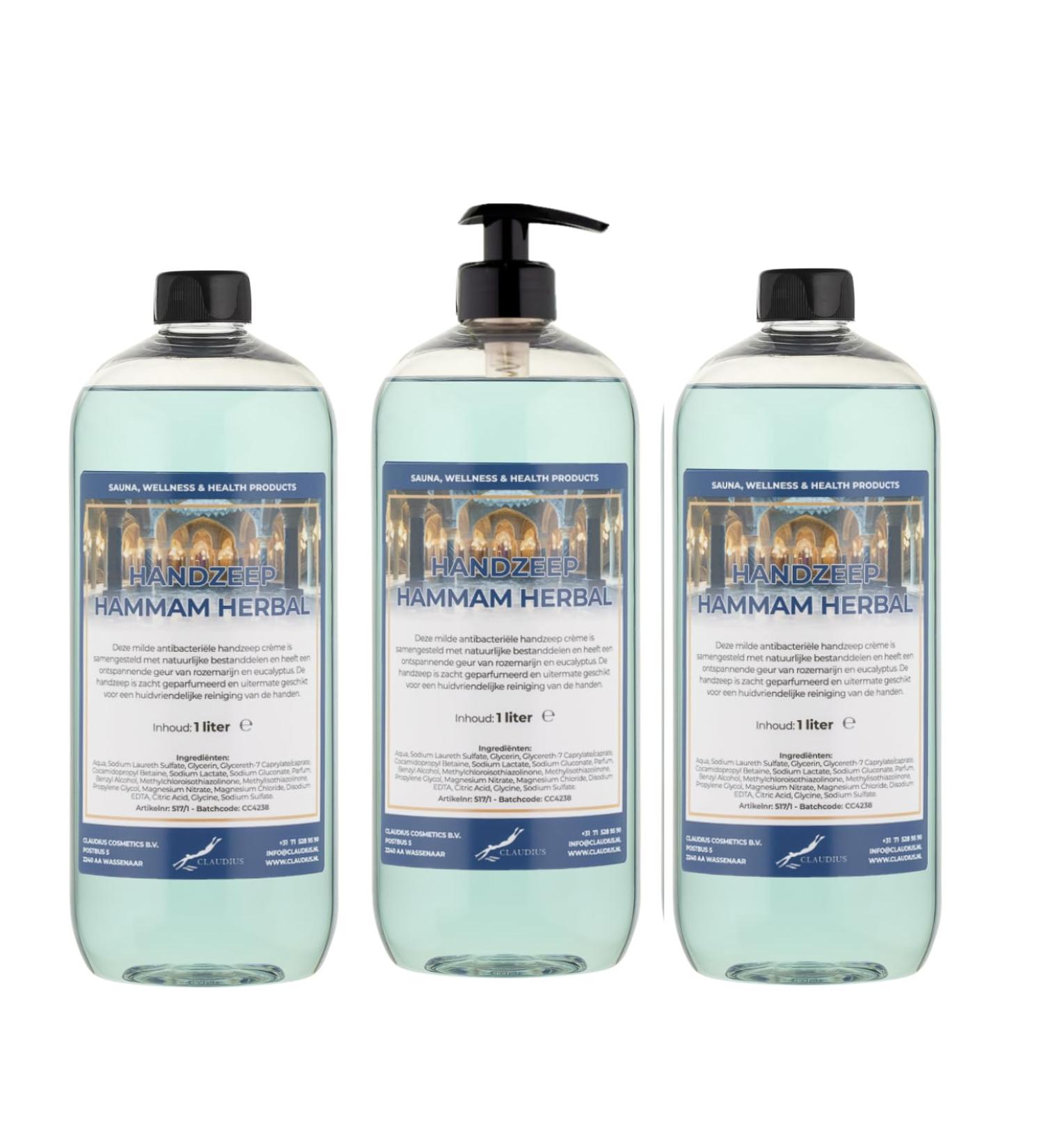 Claudius Herbal Hammam Hand Soap 1L - Transparent - Pack of 3 - With Pump