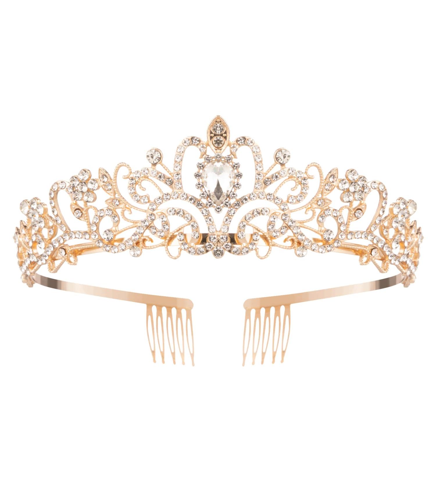 Crystal Queen Princess Crown Tiara for Women & Girls - Bridal Hair Accessory for Birthday, Wedding, Prom & Parties - Gold (Pack of 1) - Buy Online on GoSupps.com