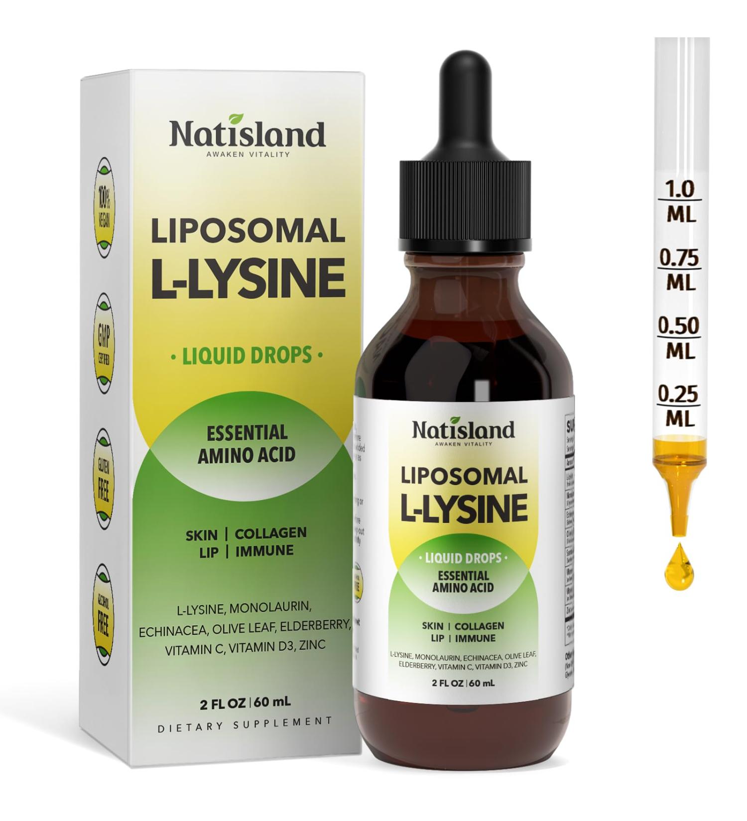 Liposomal L-lysine 1000MG Liquid Drops Lysine Supplement for Women & Kids Essential Amino Acid with Monolaurin Vitamin C & D3 Zinc for Lip & Skin Health Collagen & Immune Support 2 Fl Oz - Buy Online on GoSupps.com