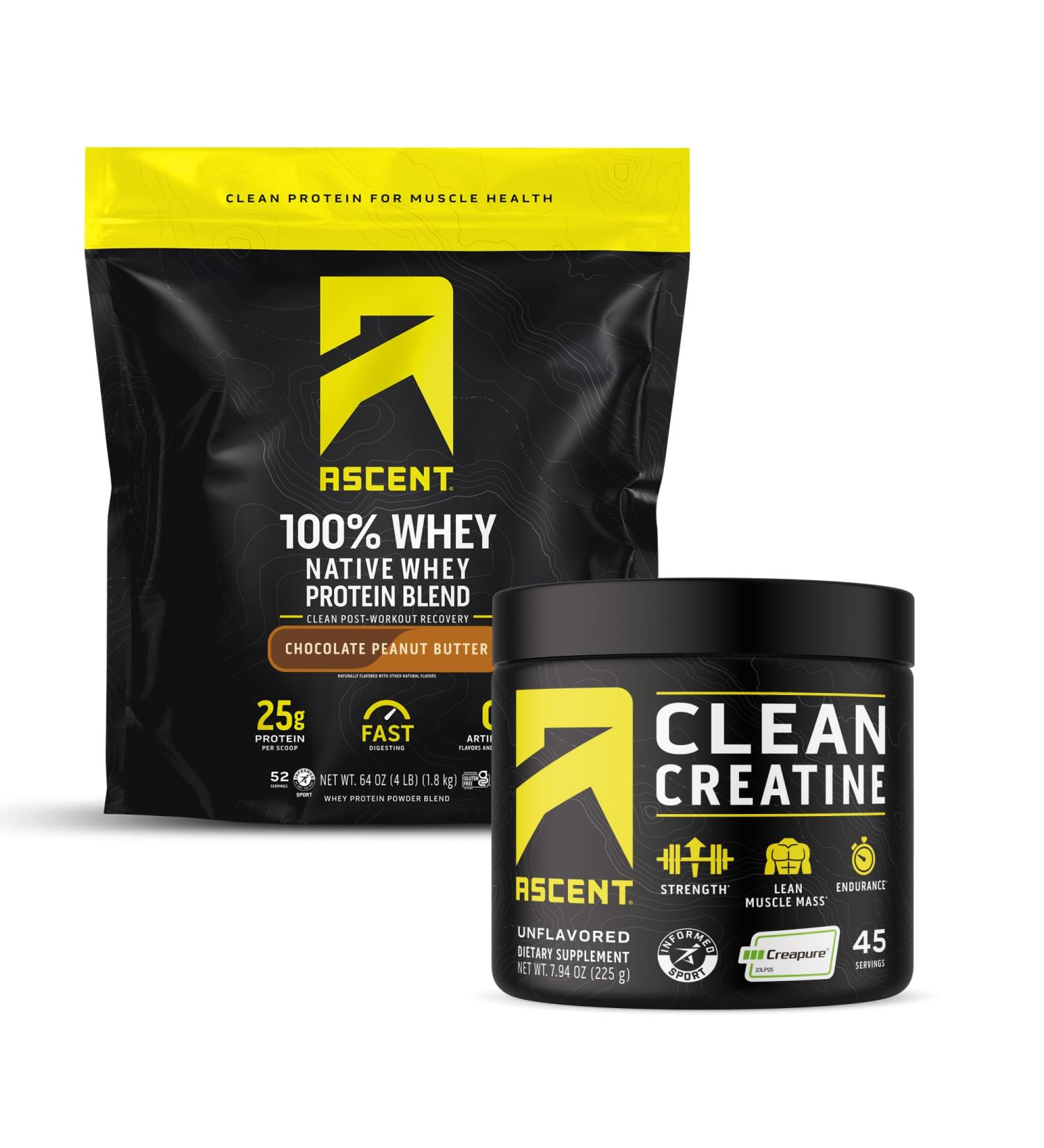 Ascent 100% Whey Protein Powder, Chocolate Peanut Butter 4 lb & Creatine Monohydrate Powder, Unflavored 45 Servings - Buy Online on GoSupps.com