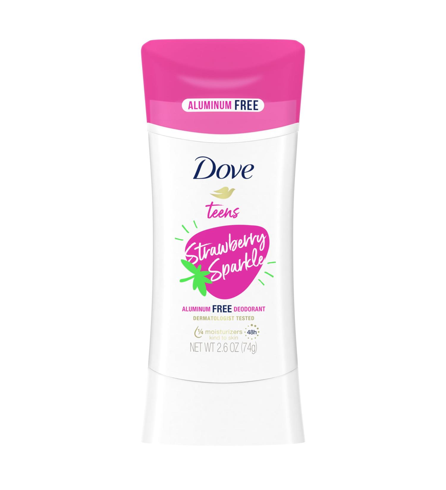 Dove Teens Deodorant Stick Strawberry Sparkle for gentle underarm care 48-hour odor protection and aluminum free deodorant 2.6 oz 2.6 Ounce (Pack of 1) - Buy Online on GoSupps.com