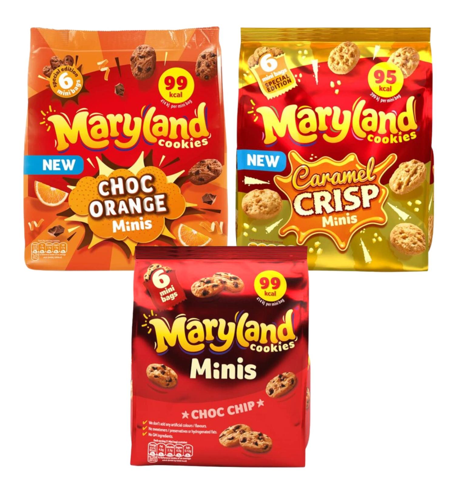Maryland Cookies Chocolate Chip Minis Maryland Caramel Crisp Mini Cookies and Maryland Chocolate Orange Mini Cookies